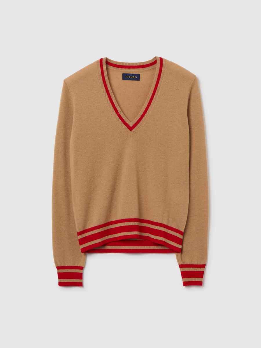 Beige pure wool V-neck striped pullover_4