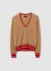 Beige pure wool V-neck striped pullover_4