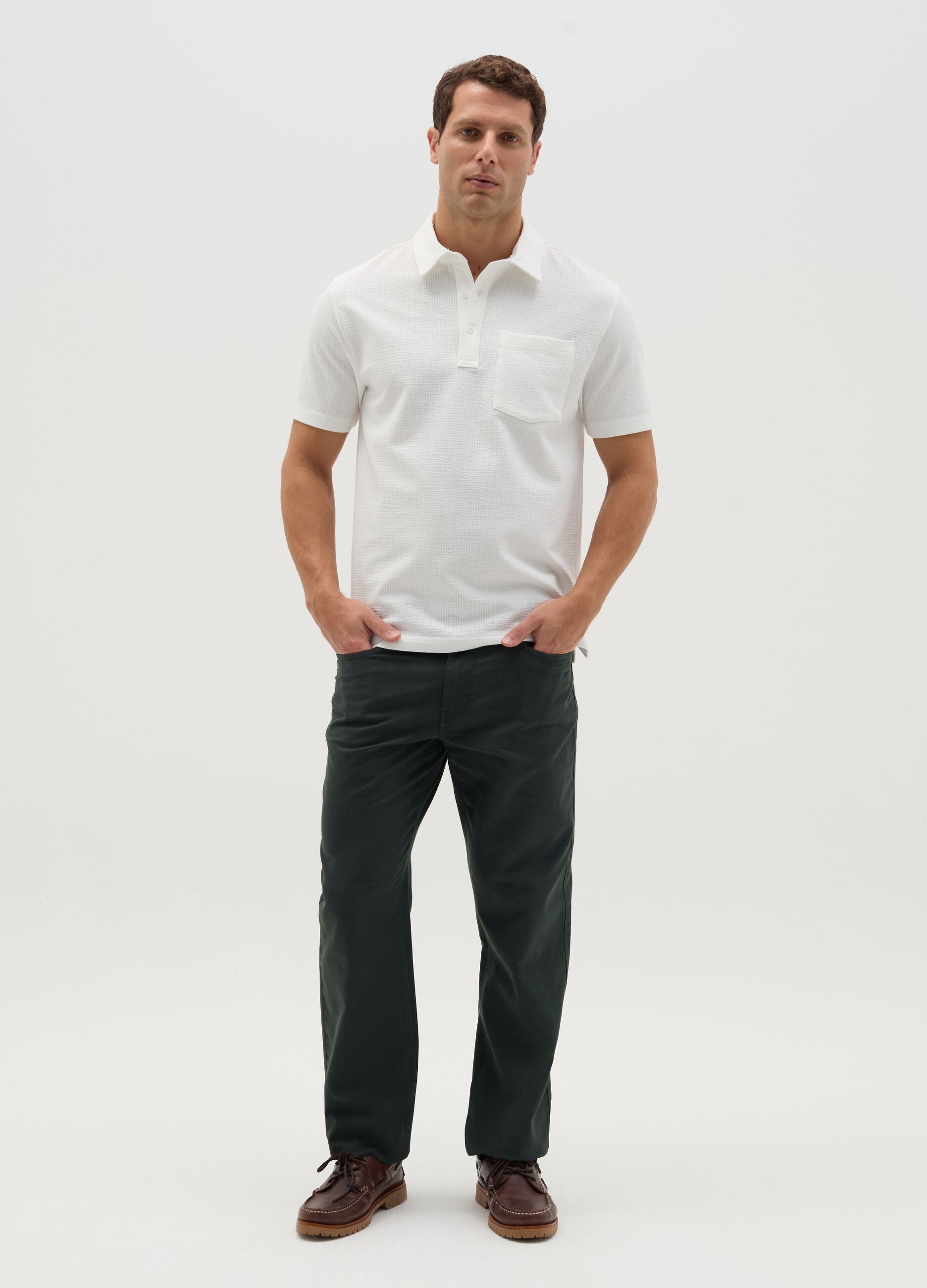 Waffle weave cotton polo shirt with pocket