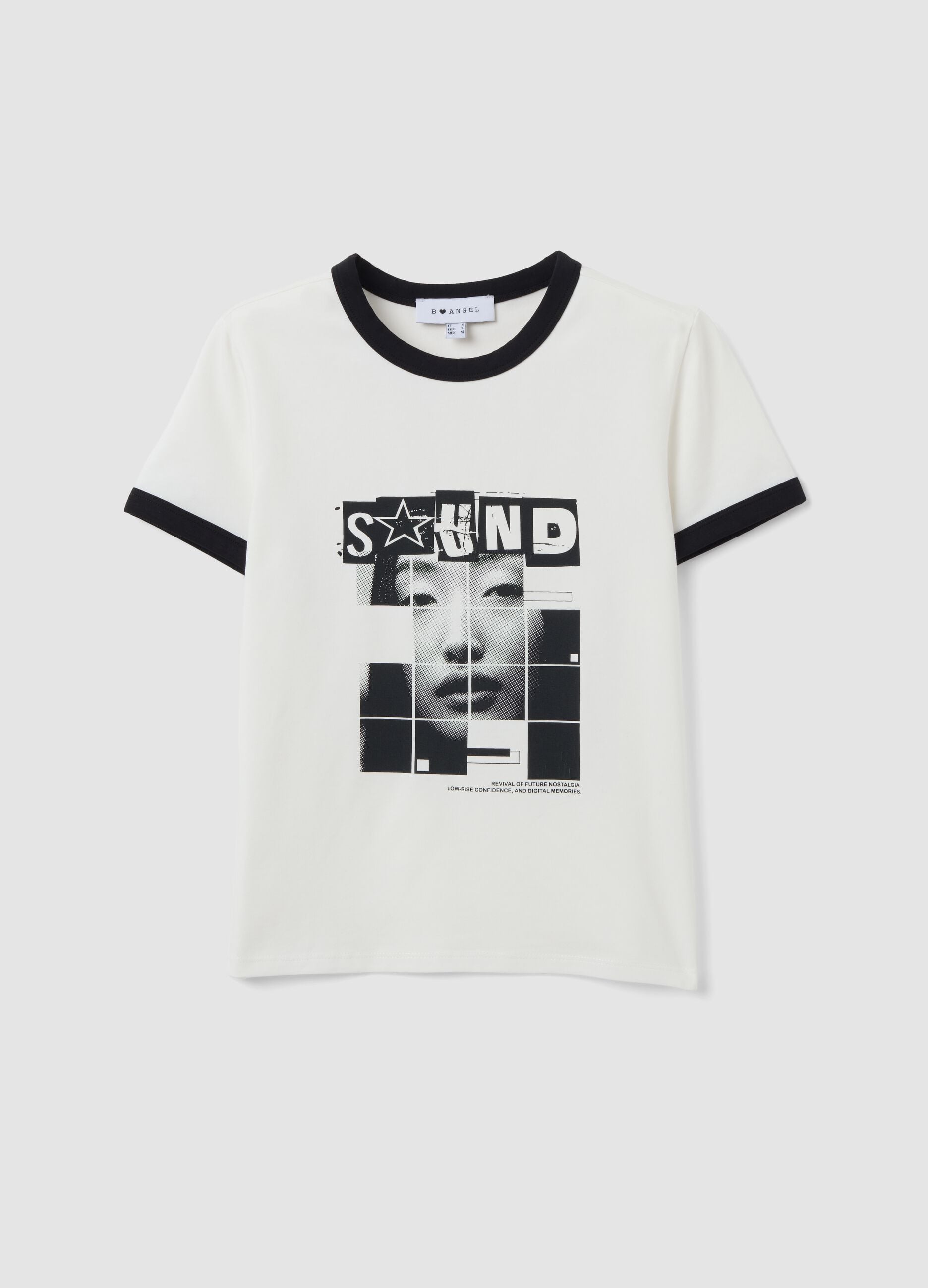 White cotton T-shirt with front graphic print and contrast trims