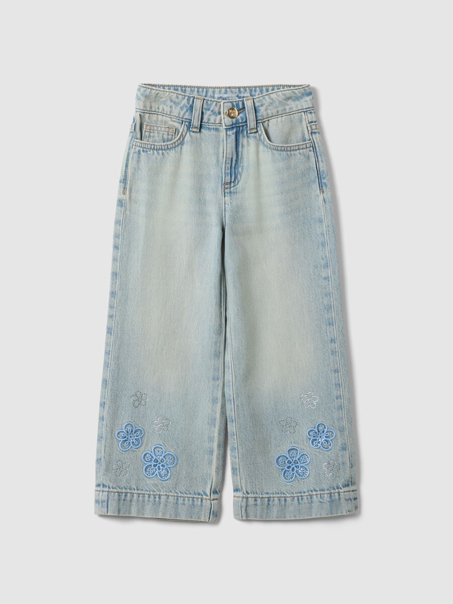 Jeans in puro cotone denim azzurro da bambina regular fit con ricami_0