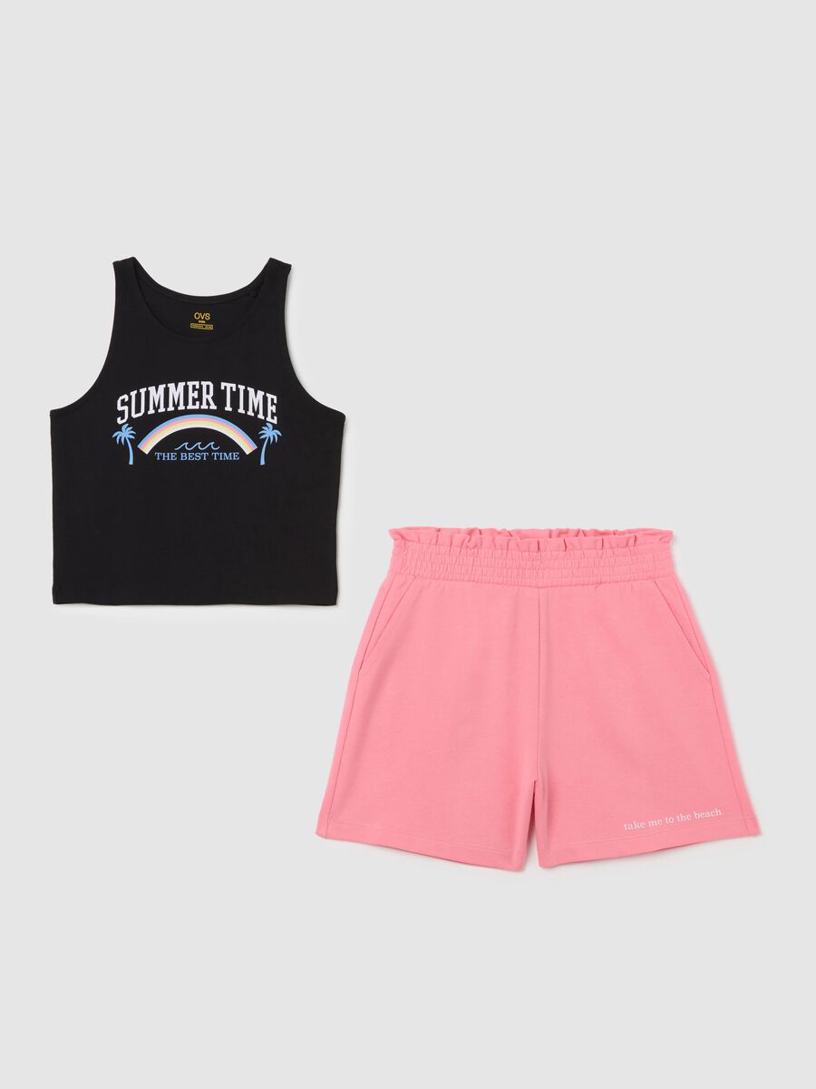 Completo jogging nero e rosa in cotone con stampa _0