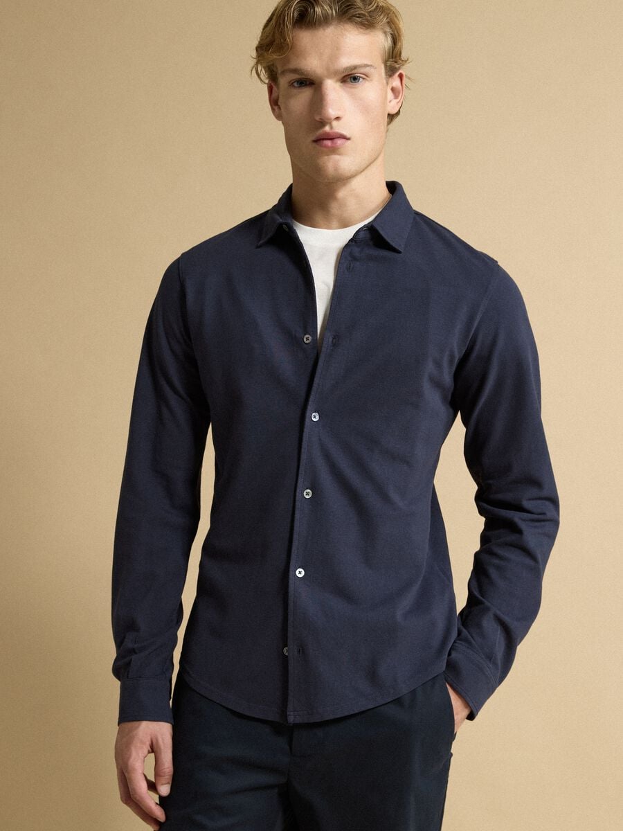 Polo piquet blu in puro cotone a maniche lunghe regular fit_1