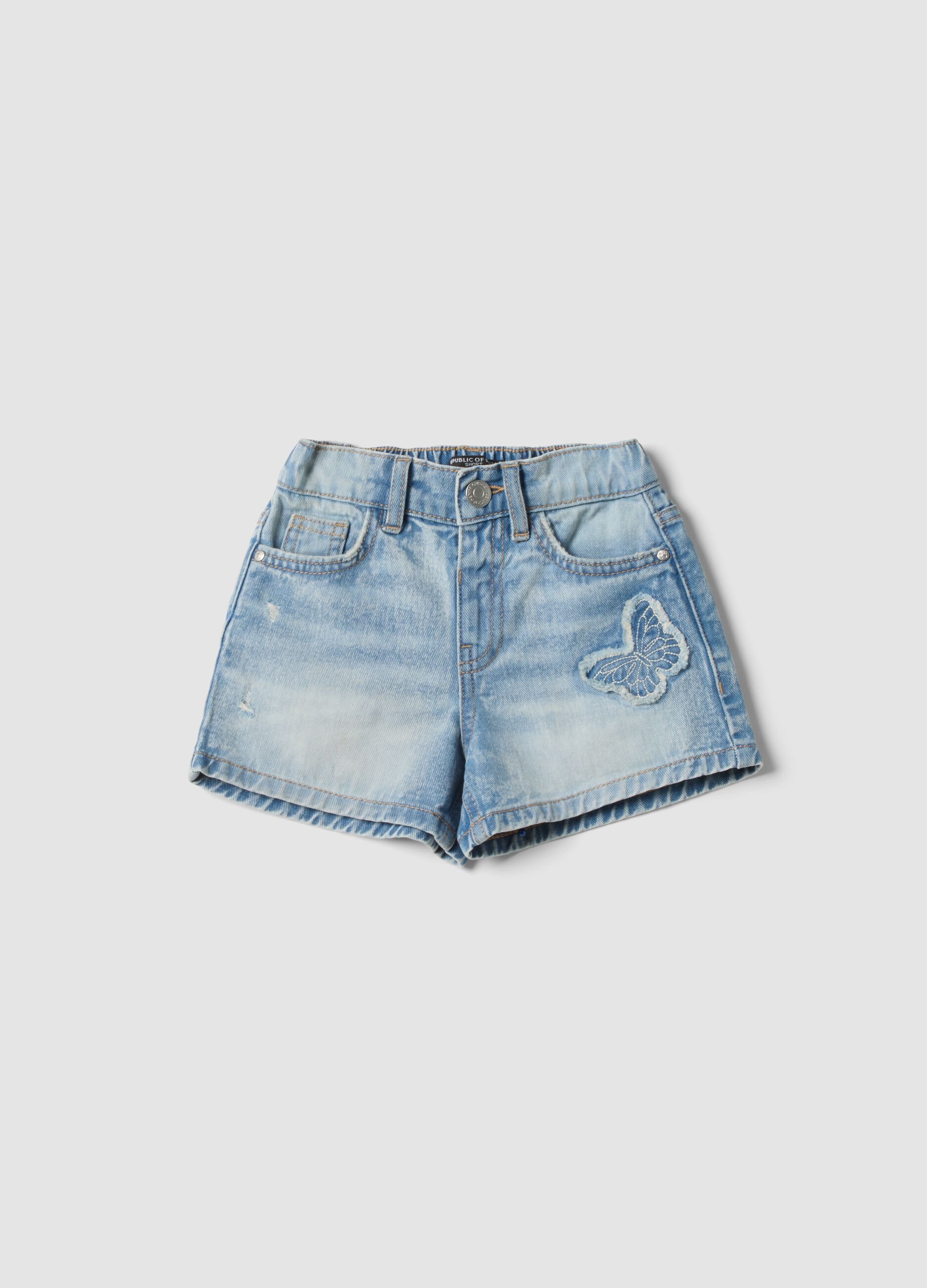 Girls&rsquo; light blue pure cotton denim shorts, regular fit, with embroidery