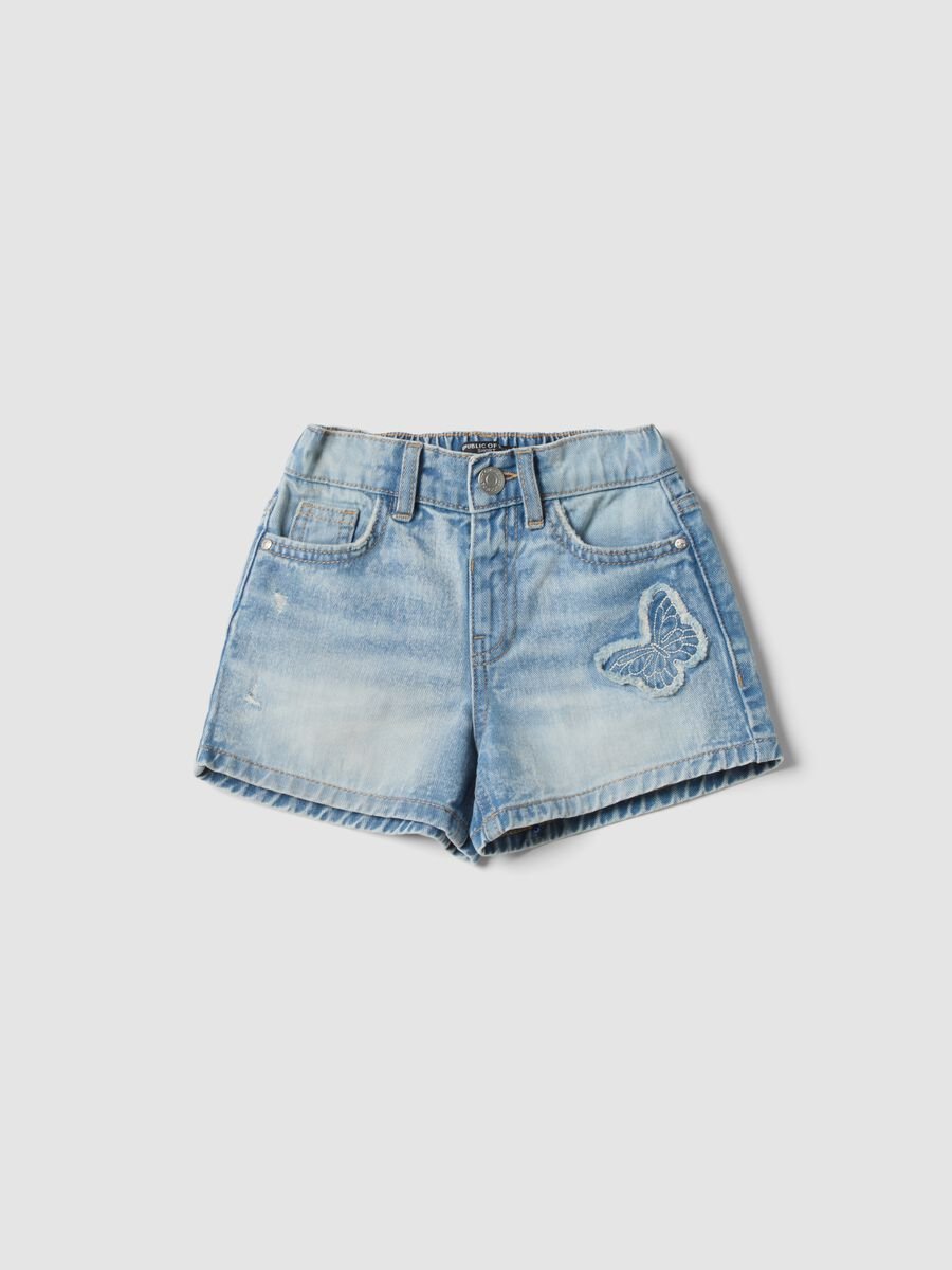 Girls&rsquo; light blue pure cotton denim shorts, regular fit, with embroidery_0