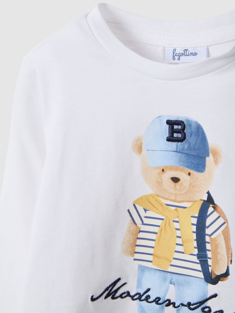 White pure cotton regular fit t-shirt with teddy bear for boys_3