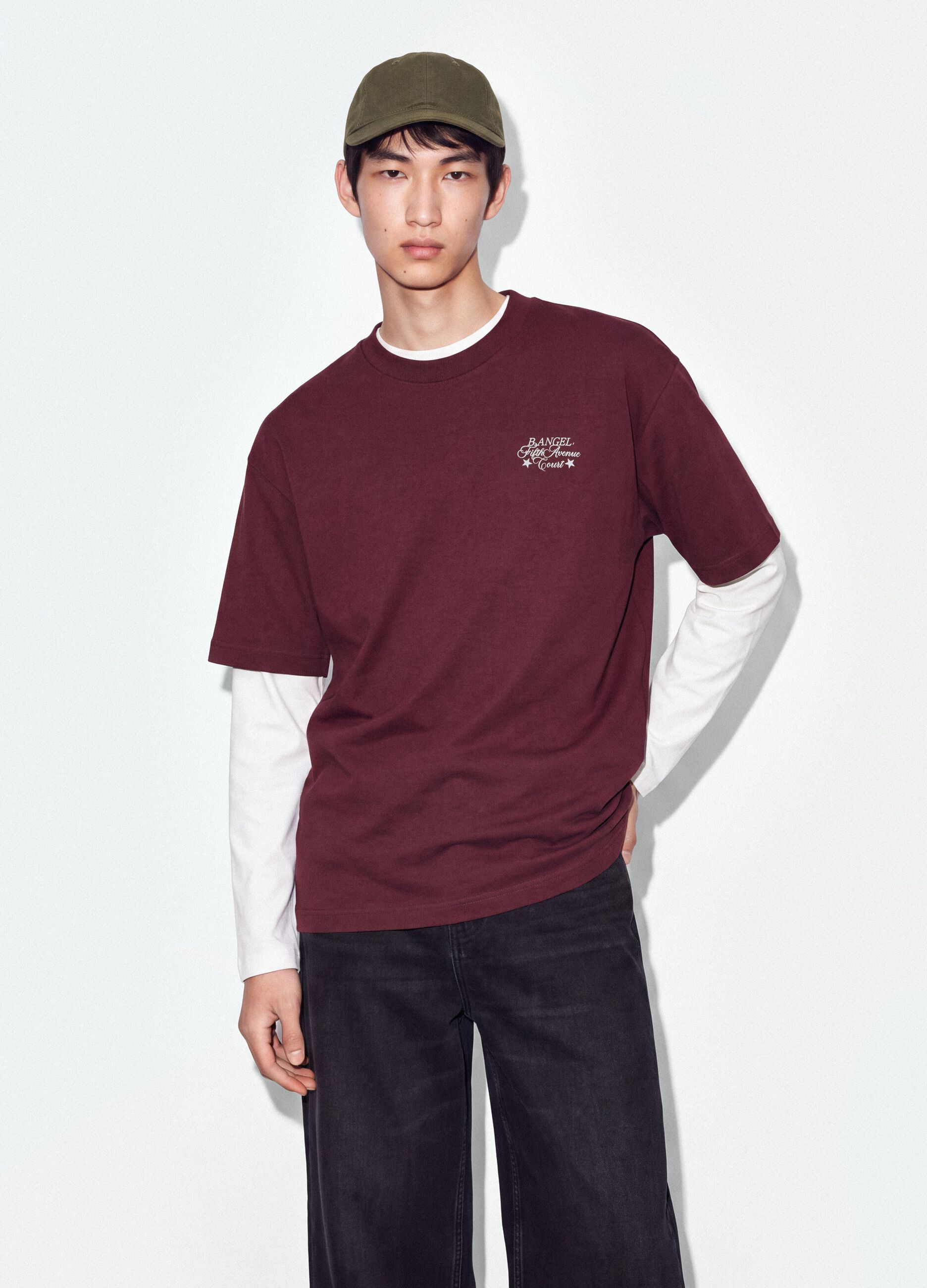 Red cropped pure cotton T-shirt with boxy-fit print