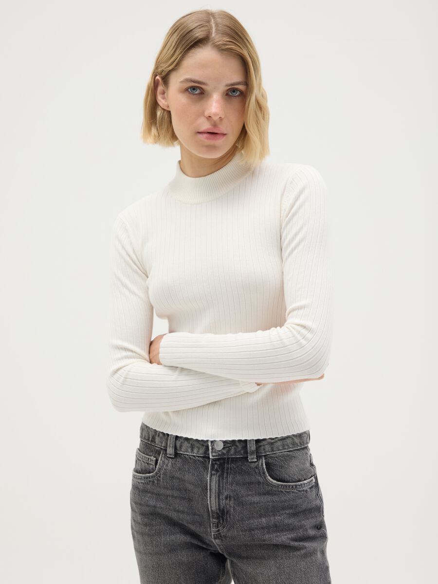 White Mixed Fitted Turtleneck Sweater_0