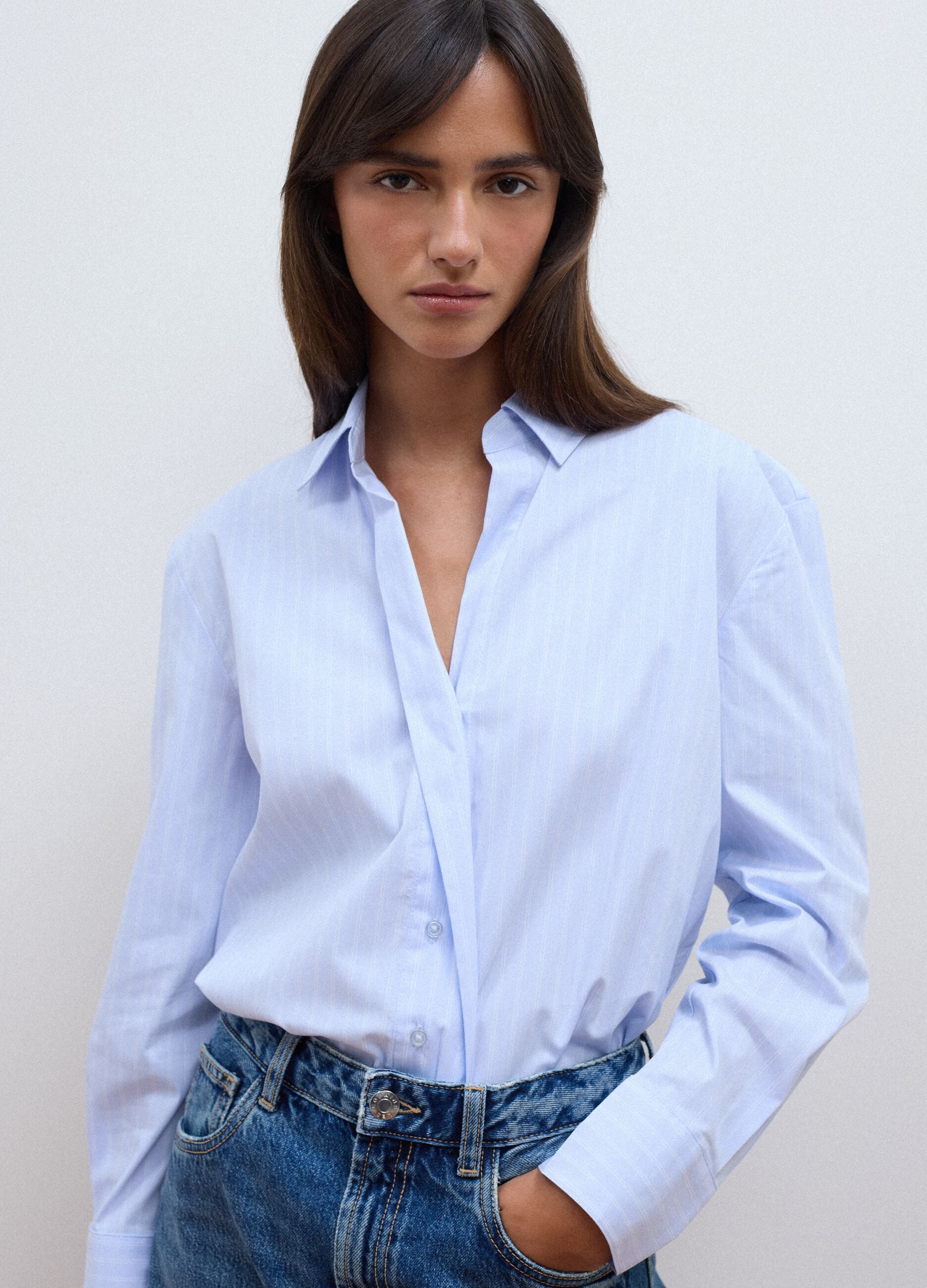 Light blue striped stretch cotton shirt, regular fit