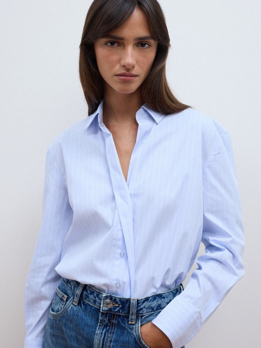 Light blue striped stretch cotton shirt, regular fit_0