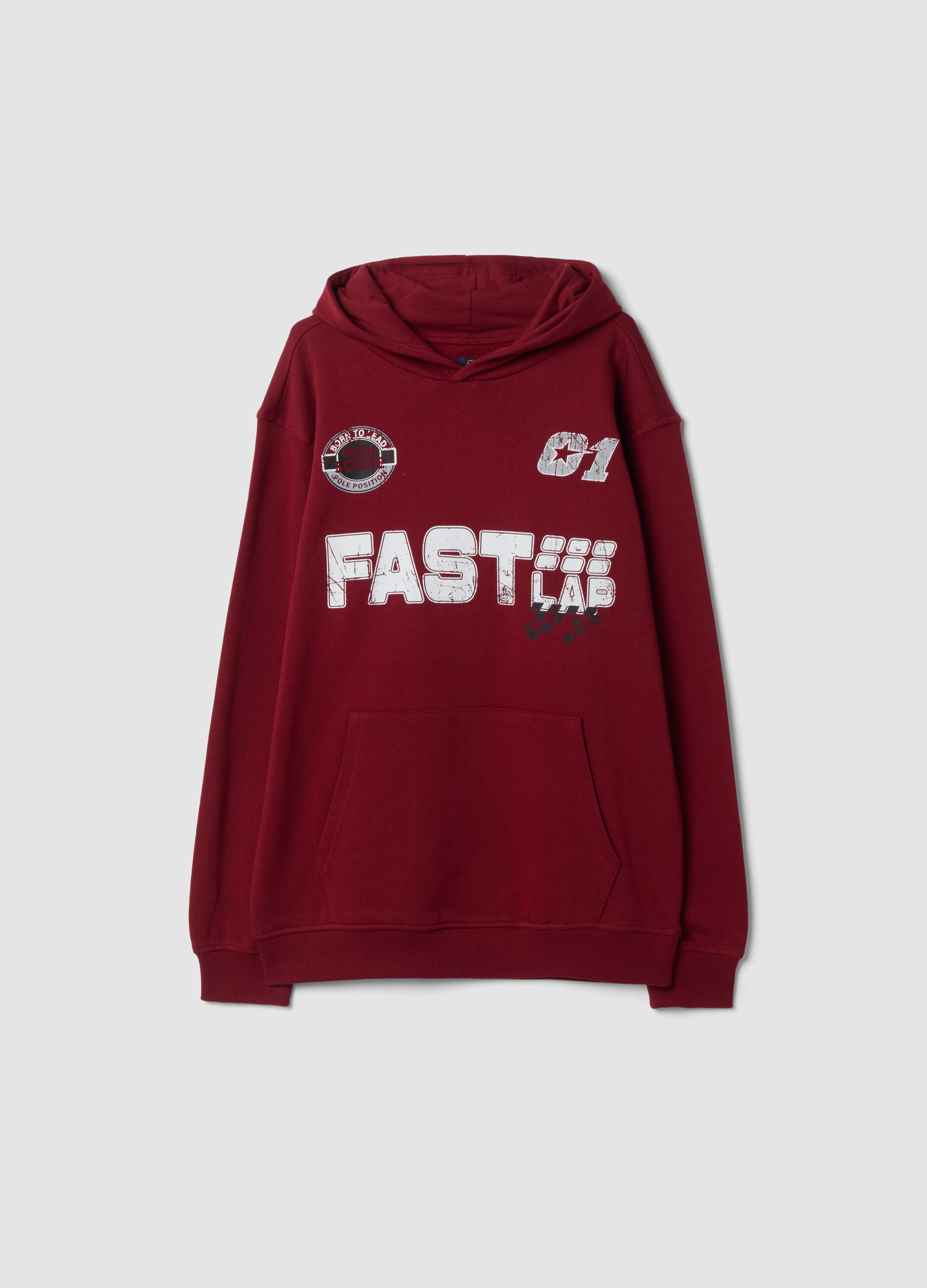 Red organic cotton hoodie with racing prints, relaxed fit