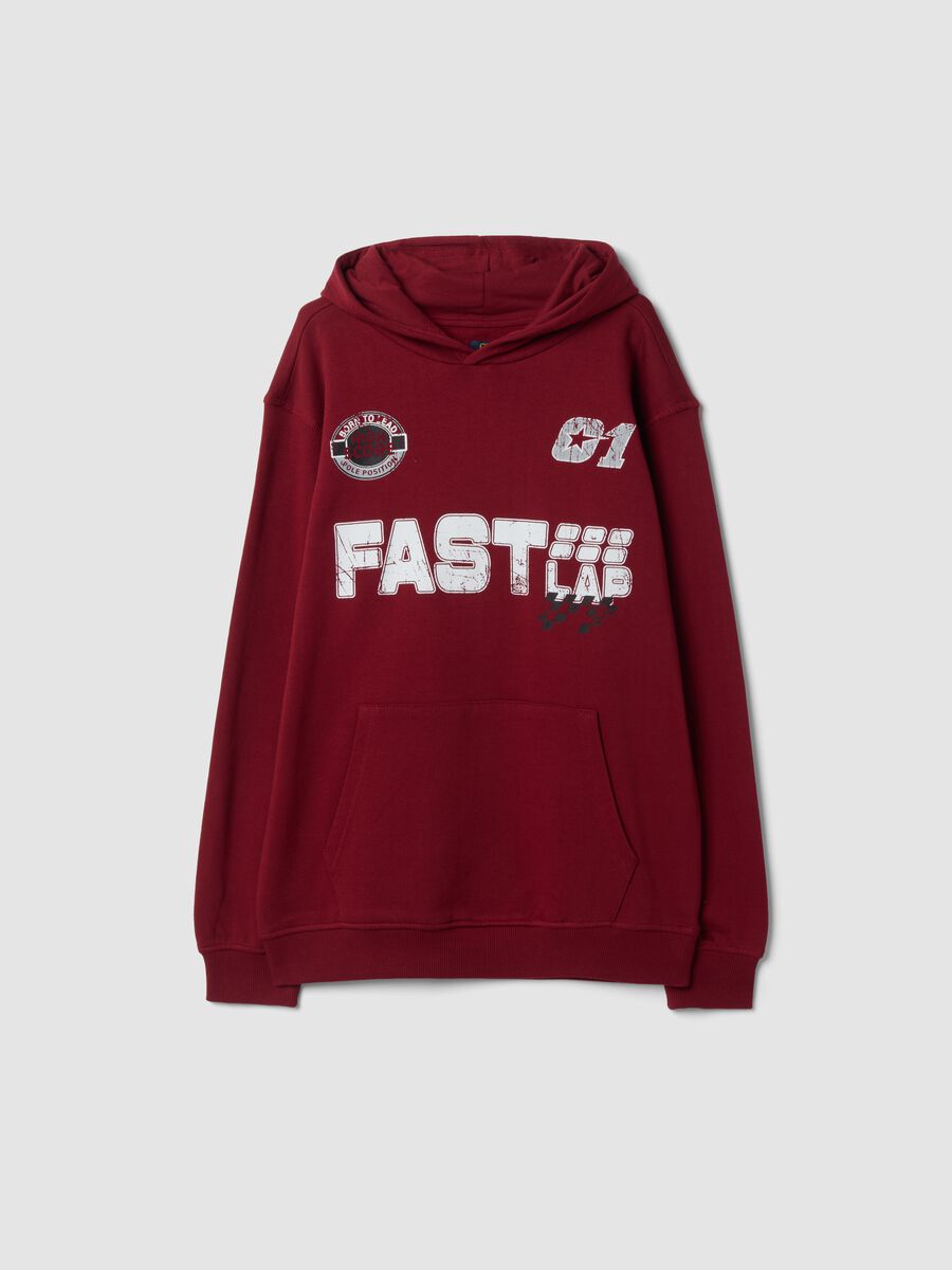 Hoodie rossa in puro cotone organico con stampe racing relaxed fit_0