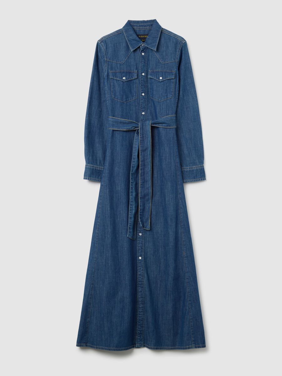 Long pure cotton denim dress with zip and belt_4