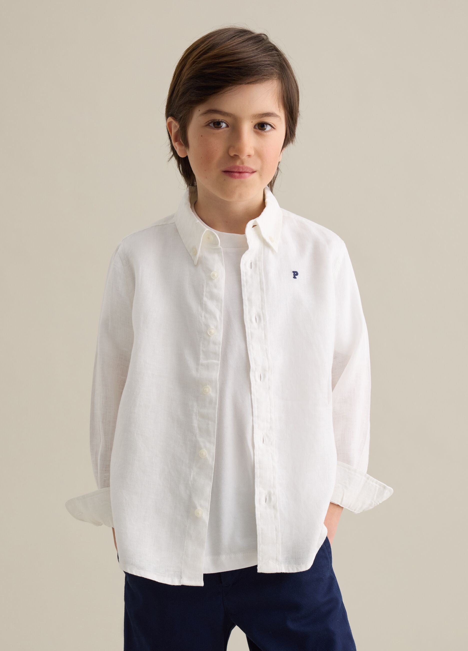 White linen shirt with logo embroidery