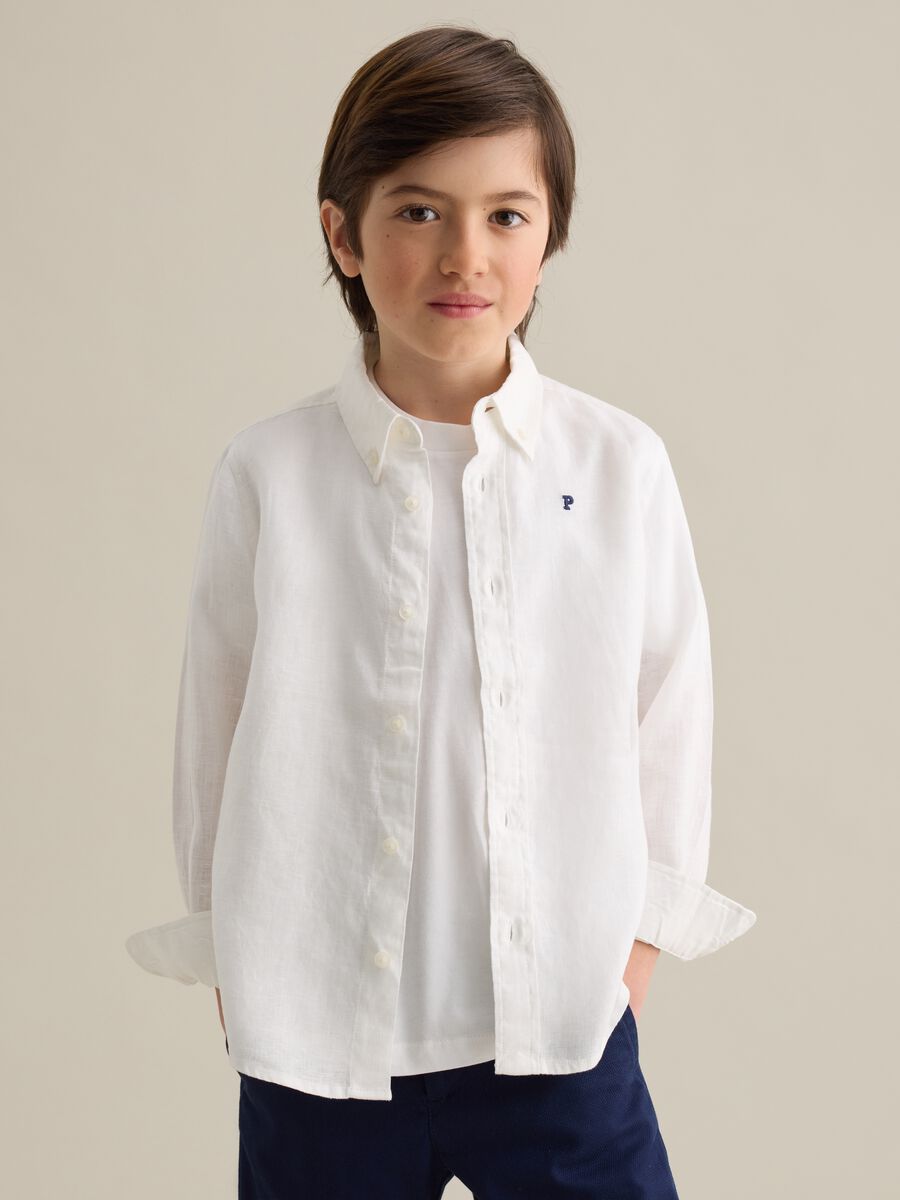 White linen shirt with logo embroidery_0