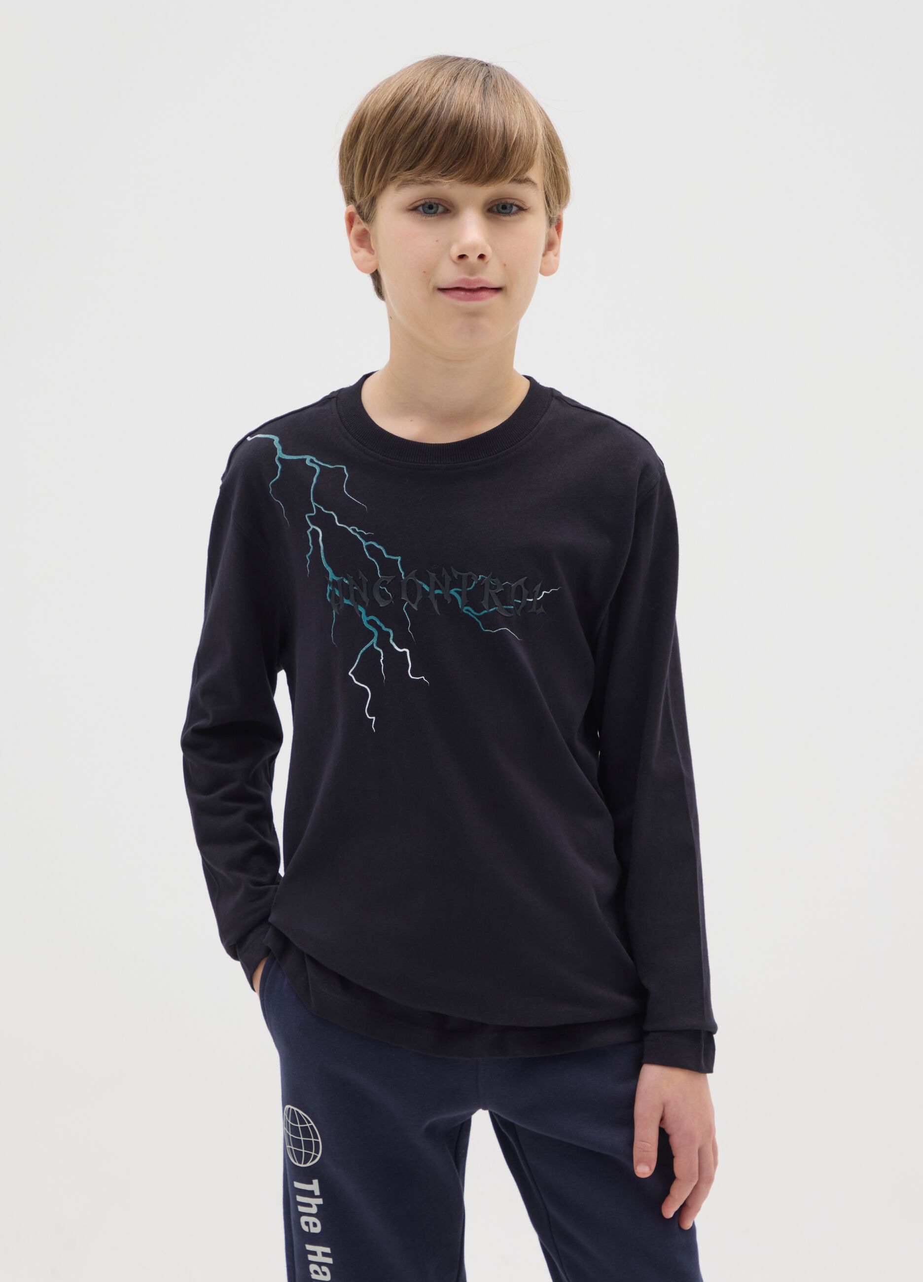 Boys' black pure cotton over-fit T-shirt with print