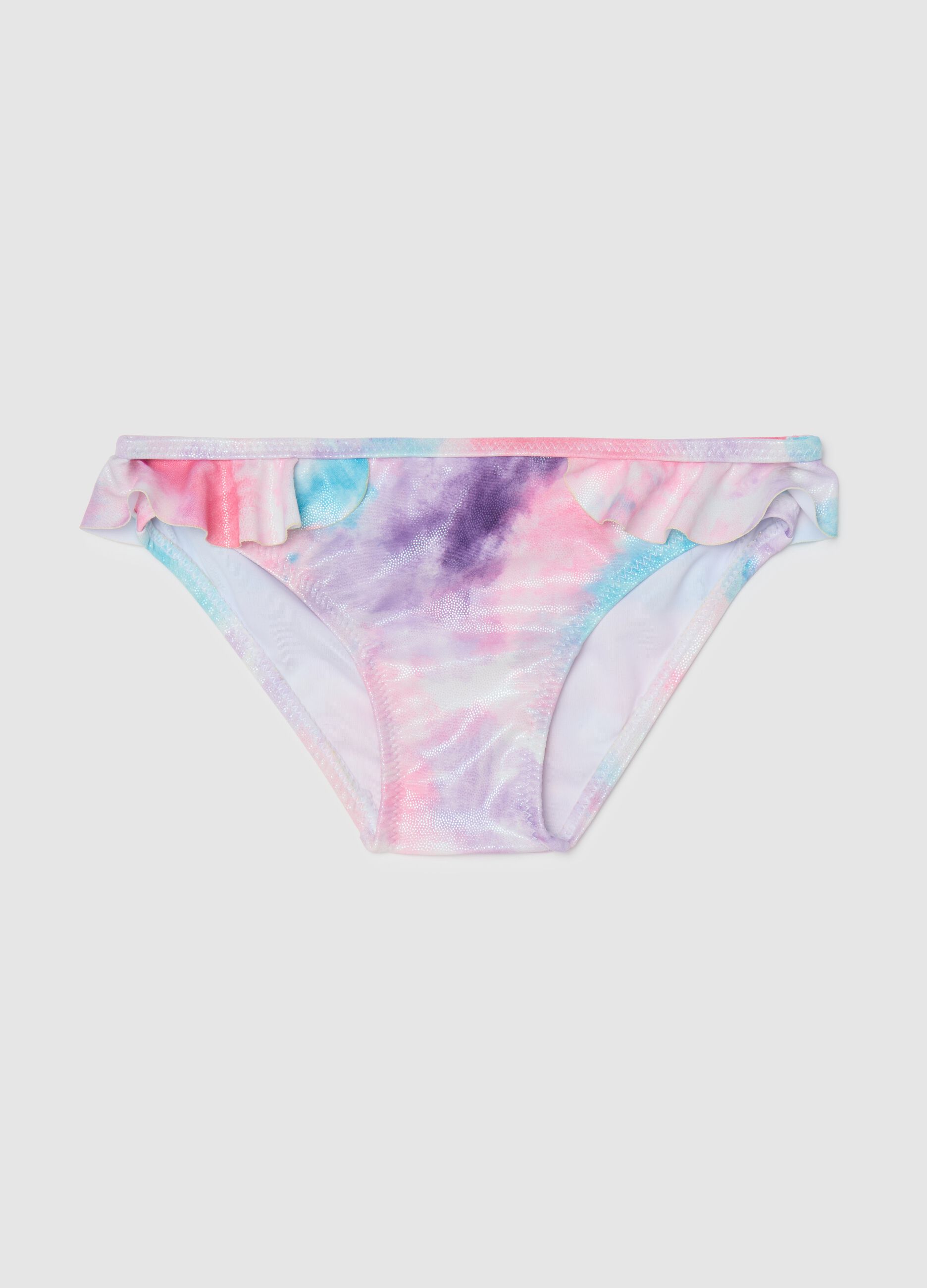 Slip bikini da bambina in tessuto elasticizzato multicolor con volant