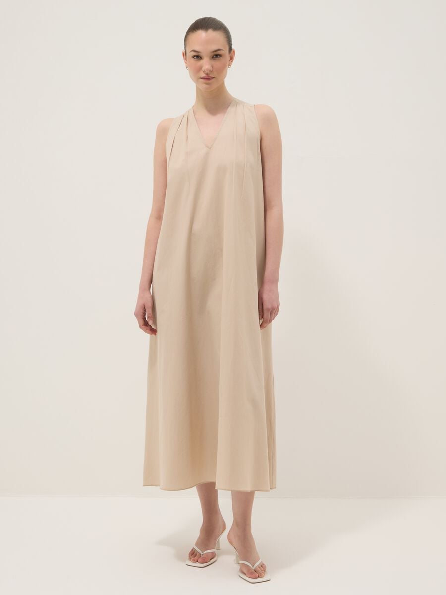Beige midi dress in pure cotton with V-neck_1