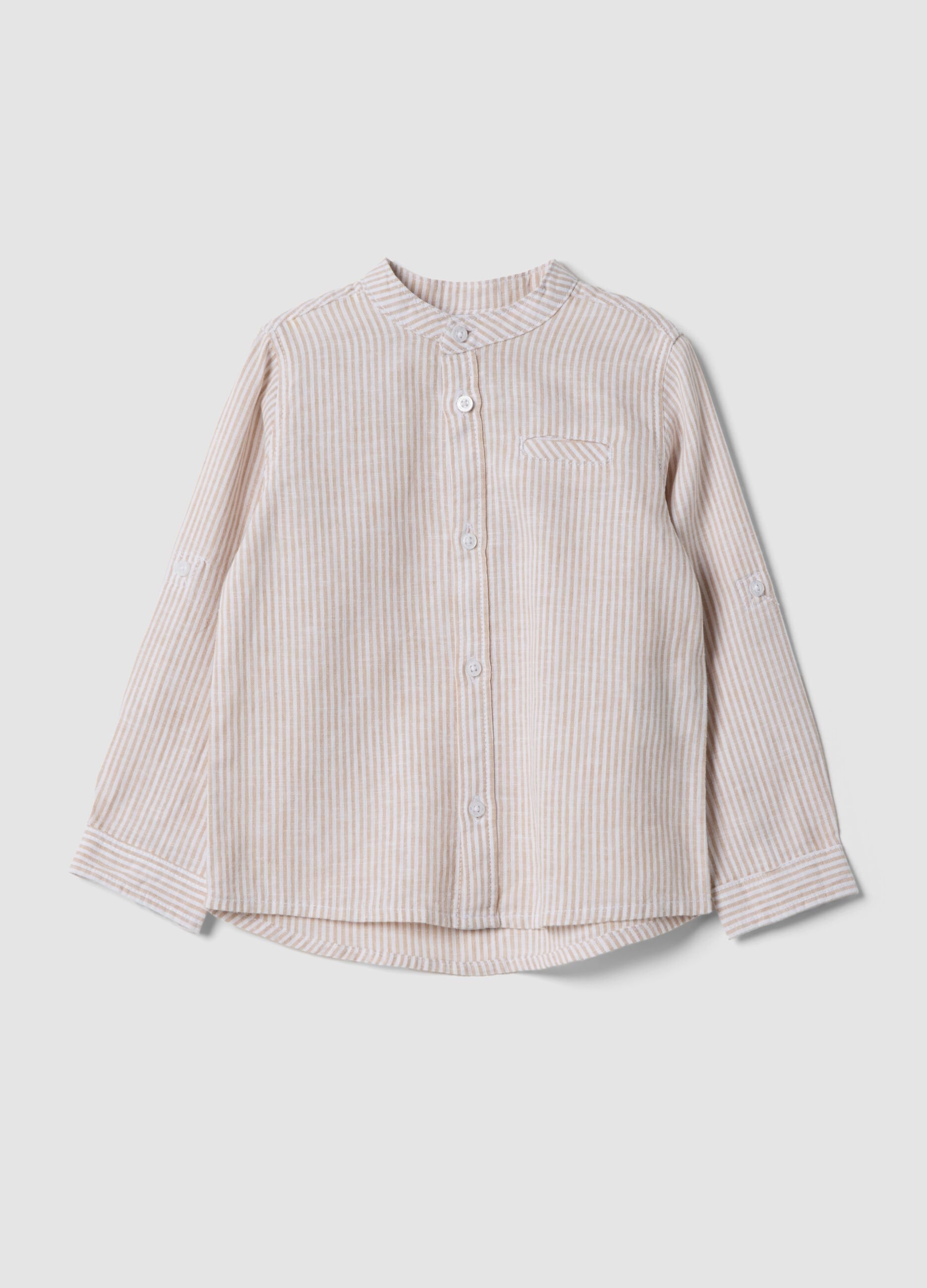 Camicia a righe bianche e beige in misto lino e cotone da bimbo