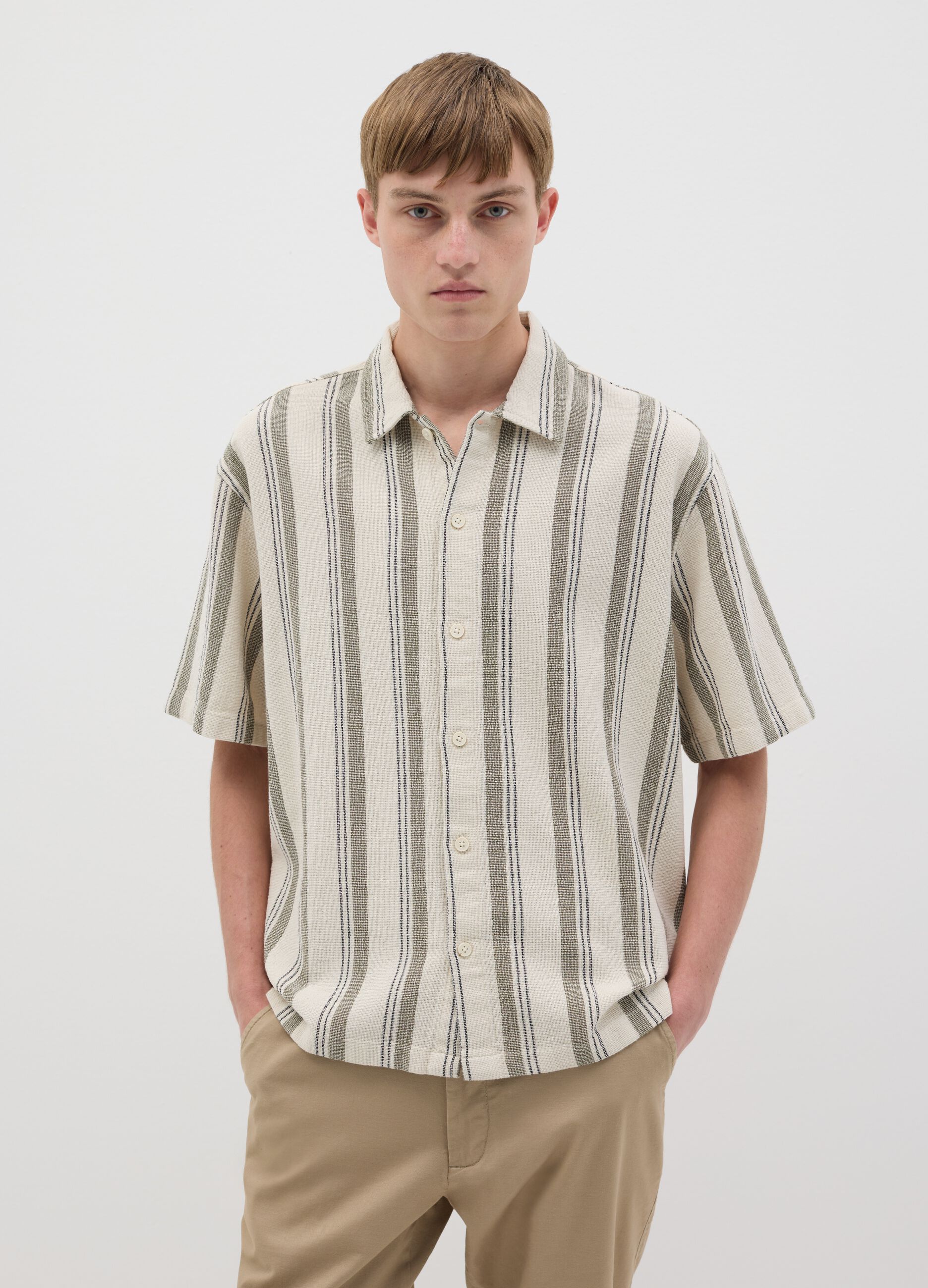 Oversized shirt with grey and beige stripes in cotton