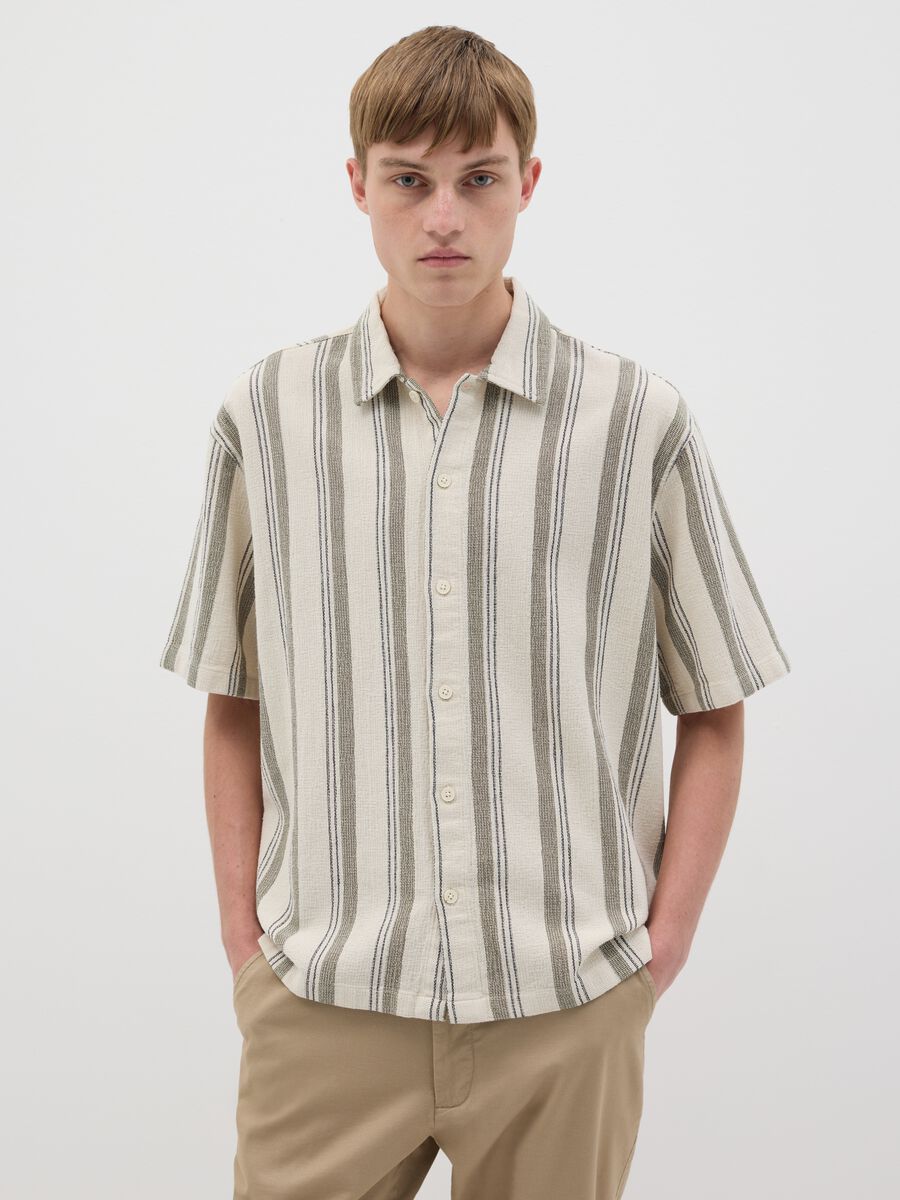 Oversized shirt with grey and beige stripes in cotton_0