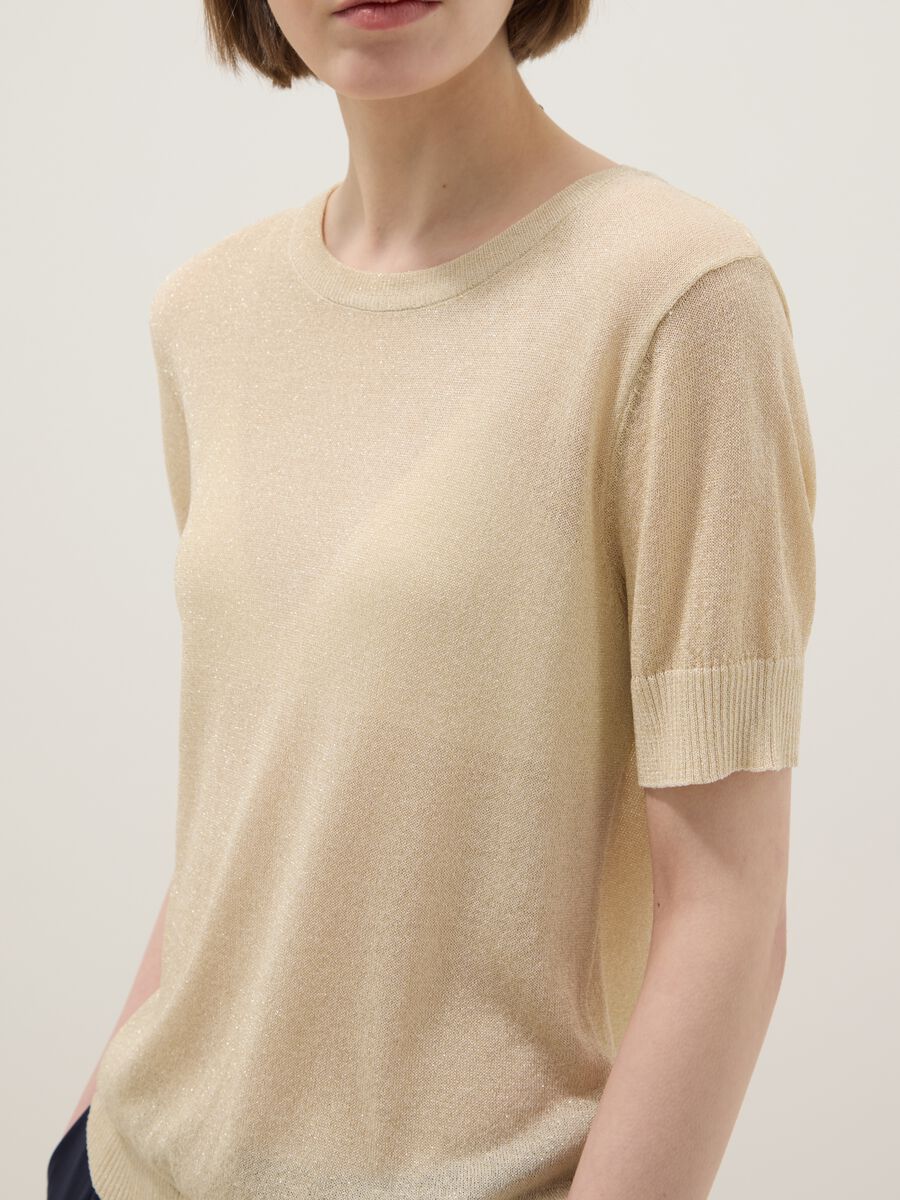Beige viscose blend regular fit T-shirt with transparent accents_3