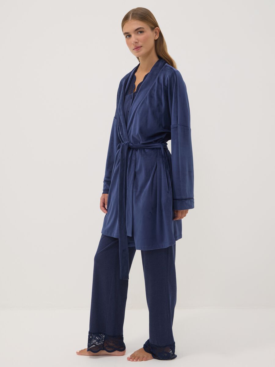 Blue stretch-fabric dressing gown with belt_0