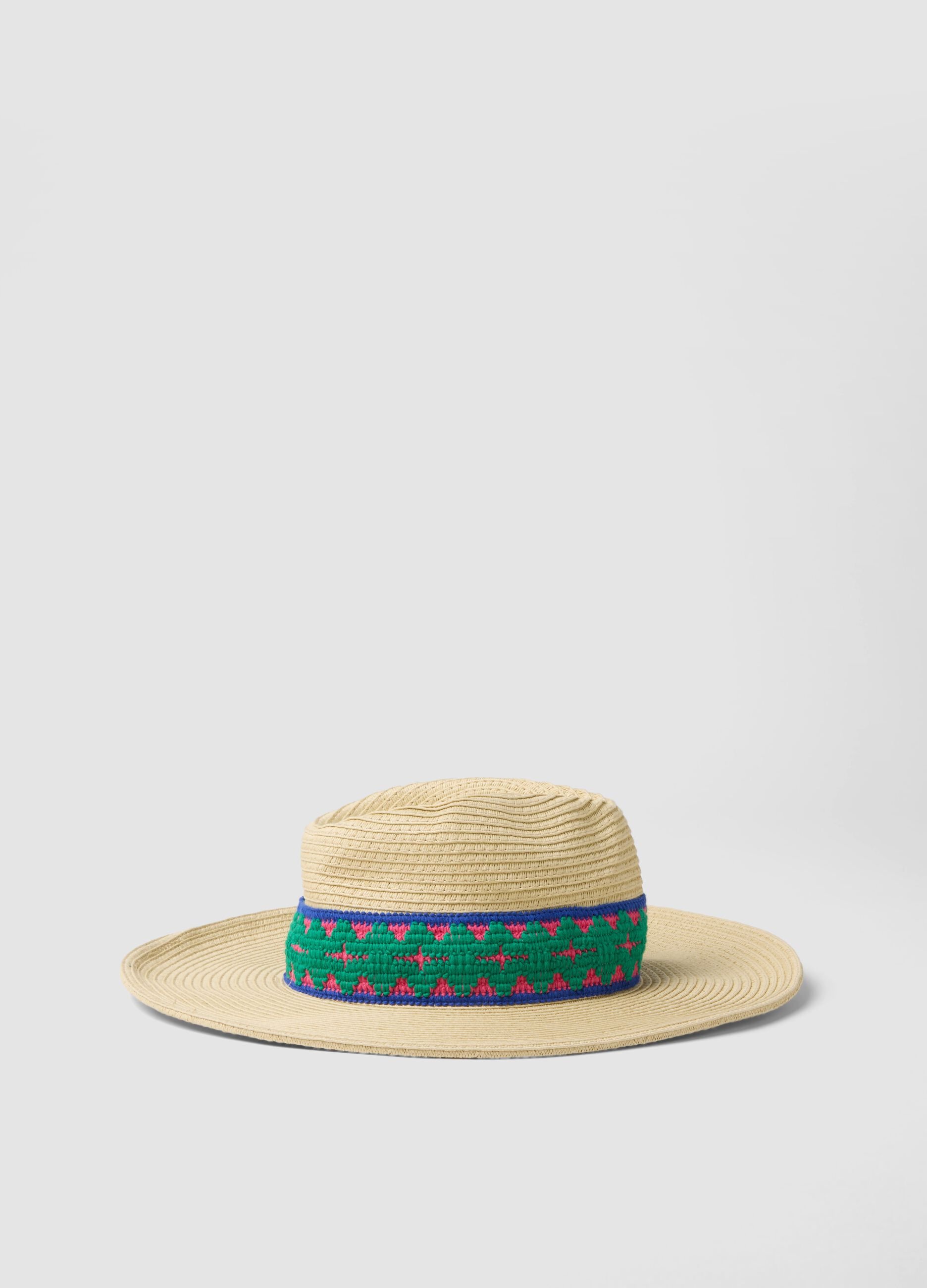 Beige Panama hat in pure paper fabric with multicolour band