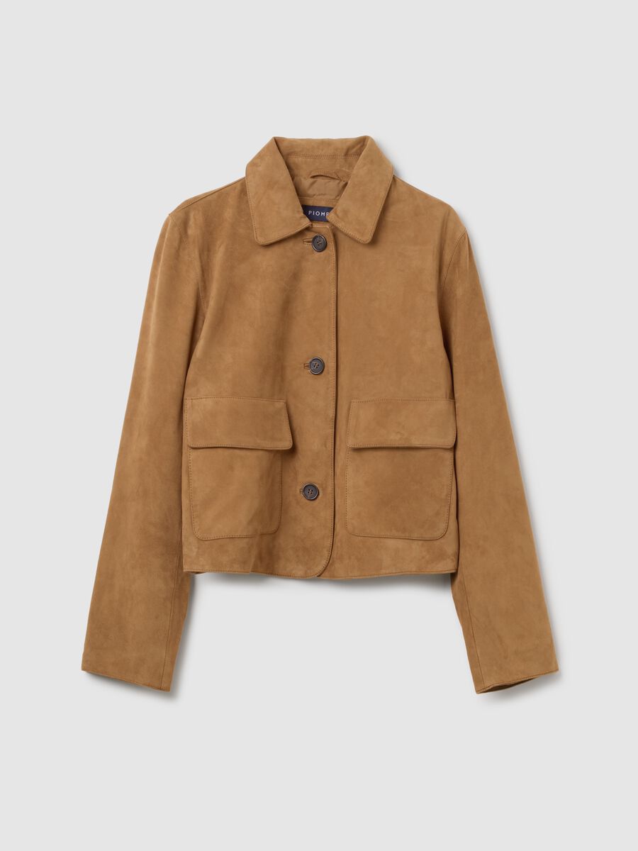 Woman's short brown jacket in real leather with regular fit and button fastening_4