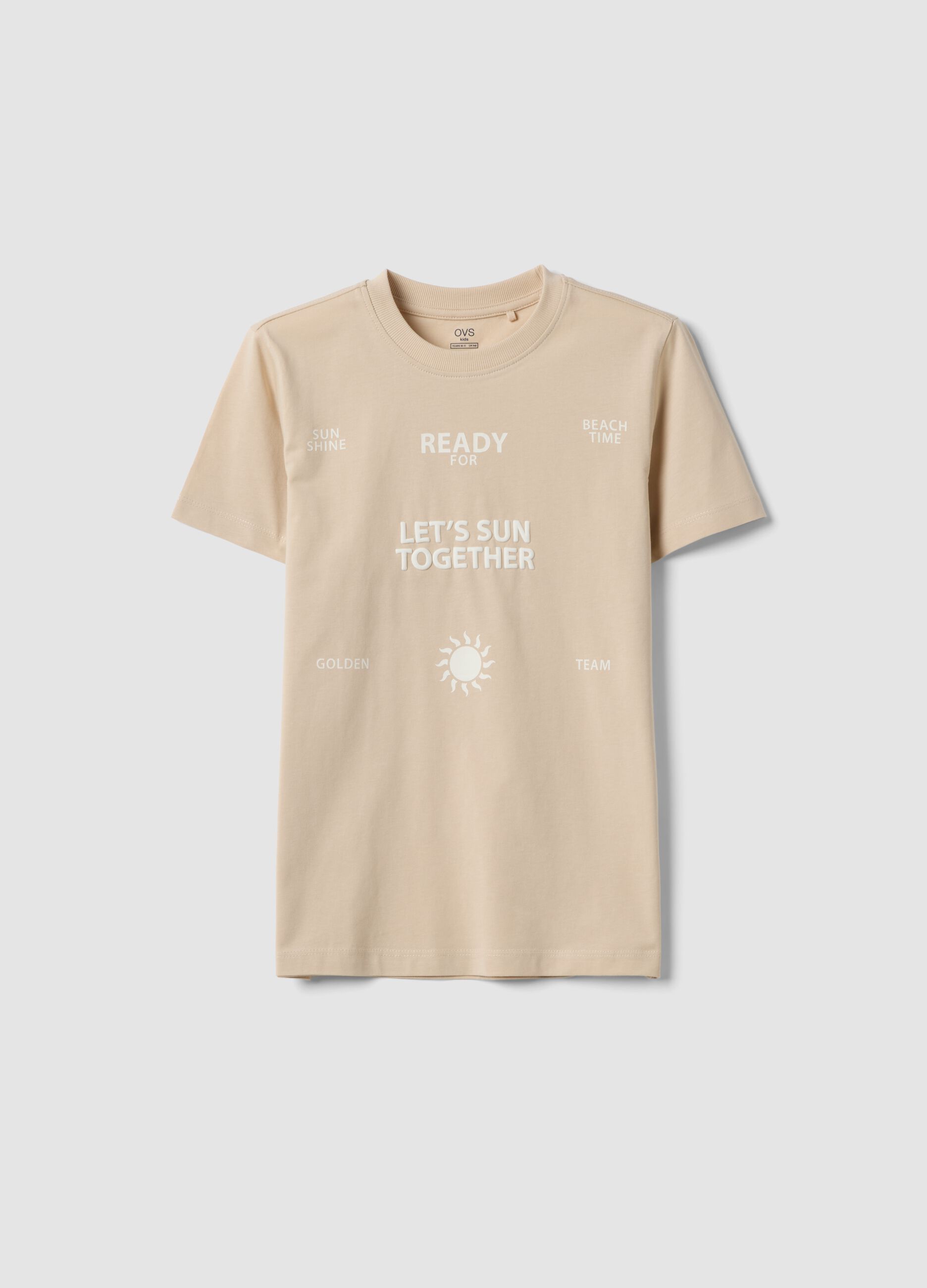 Beige pure cotton regular-fit boys&rsquo; T-shirt with prints