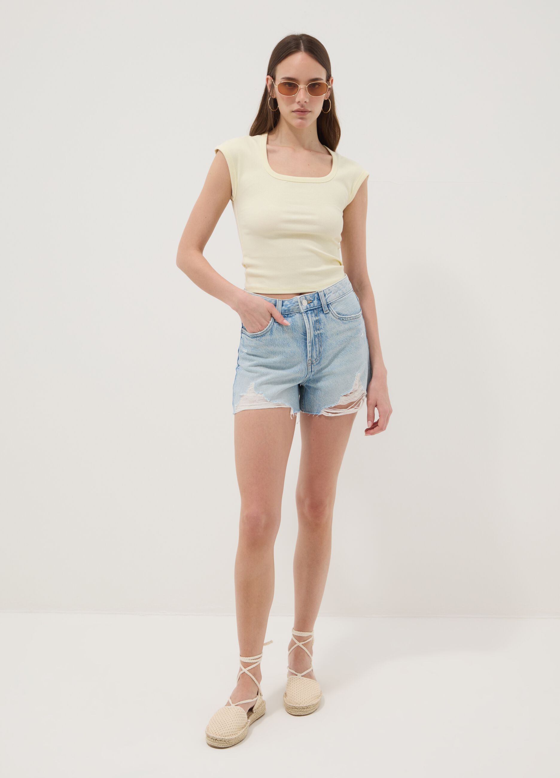 Yellow stretch-cotton short-sleeve T-shirt