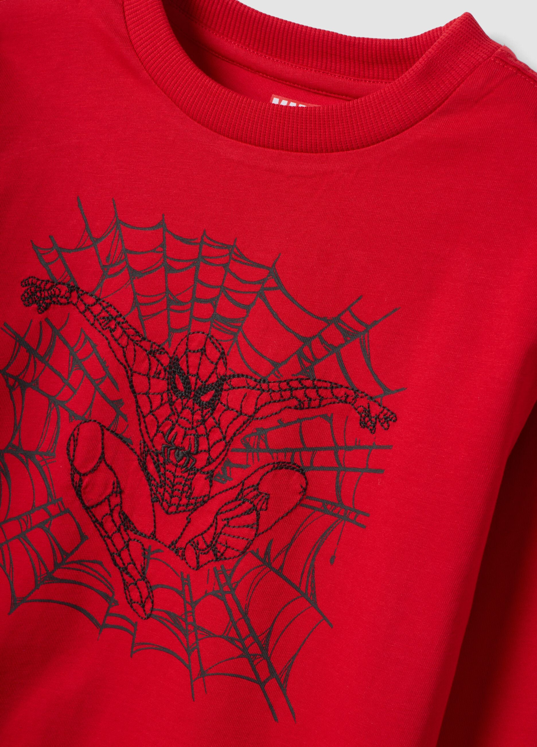 Red long-sleeved pure cotton Spider-Man print T-shirt for boys