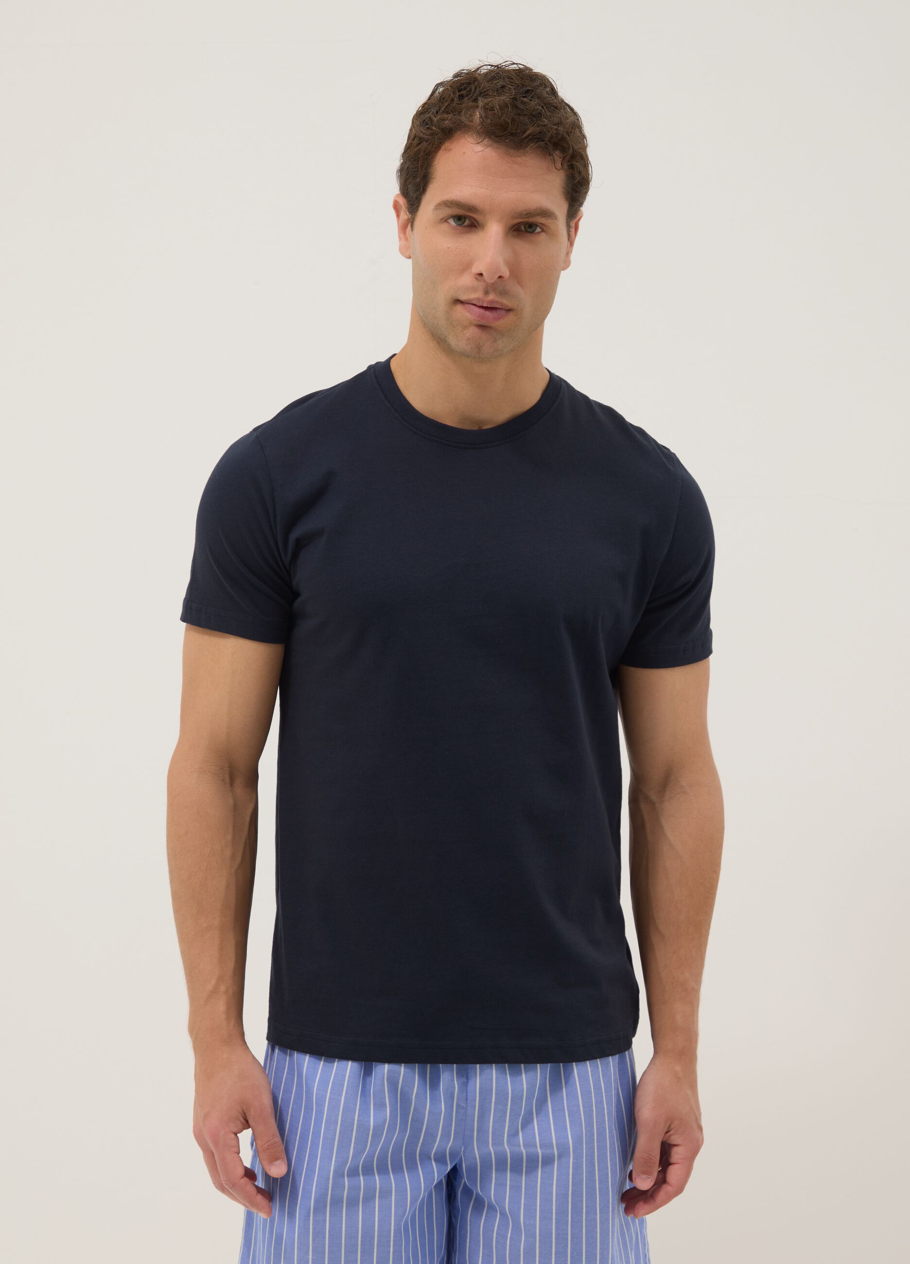 Blue short striped pyjamas in pure organic cotton jersey