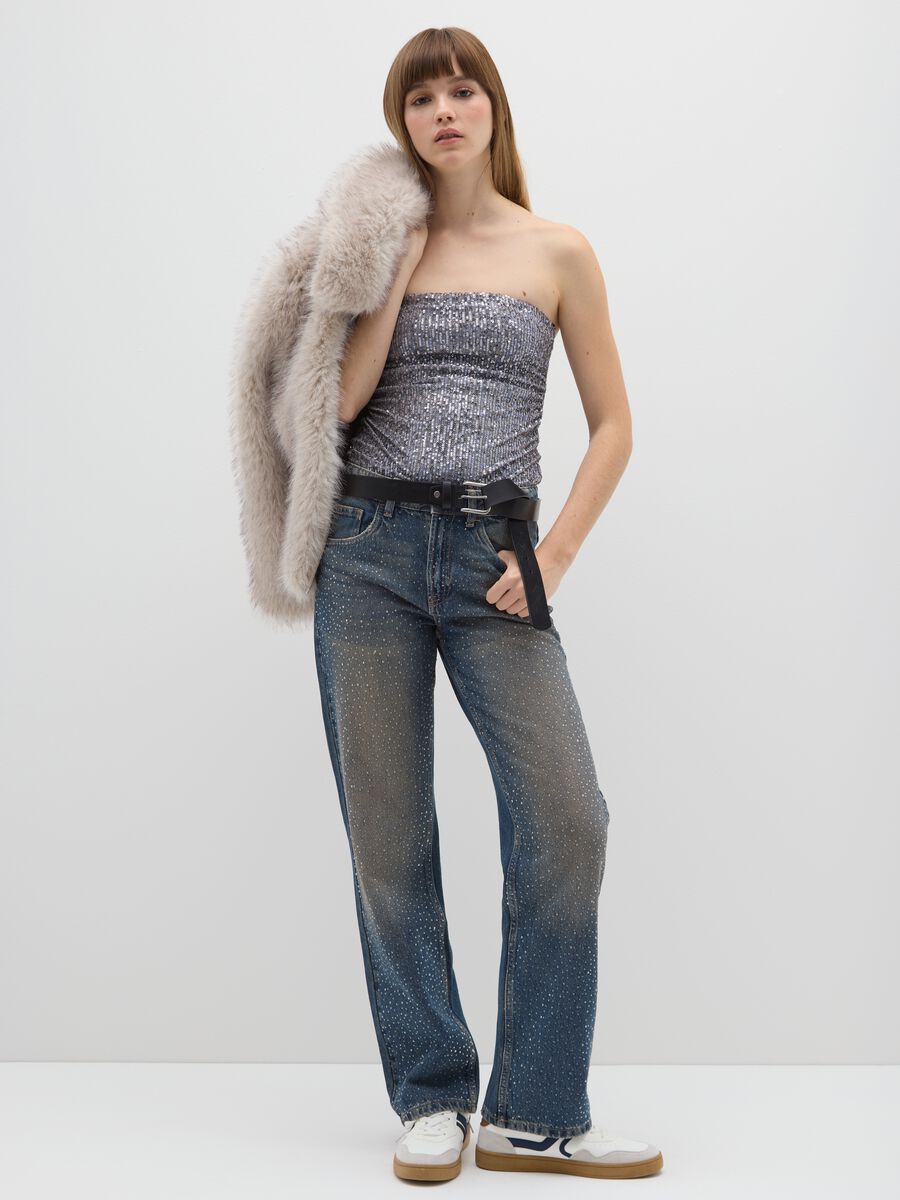 Jeans blu baggy in puro cotone con dettagli glitterati_0
