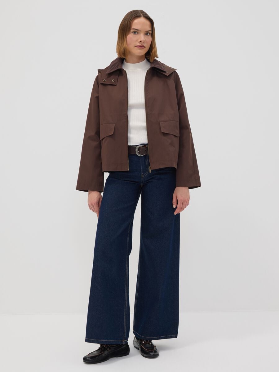 Giacca parka marrone con cappuccio e collo a coste in misto cotone_1