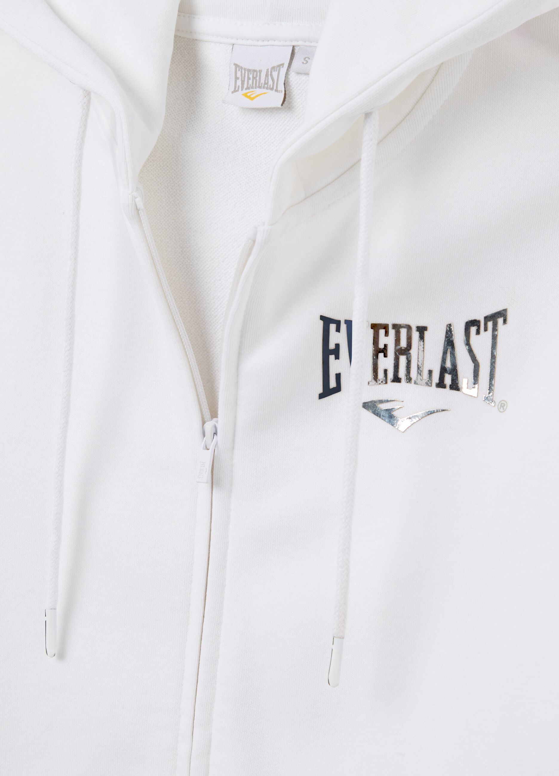 White full-zip sweatshirt with hood and foil print