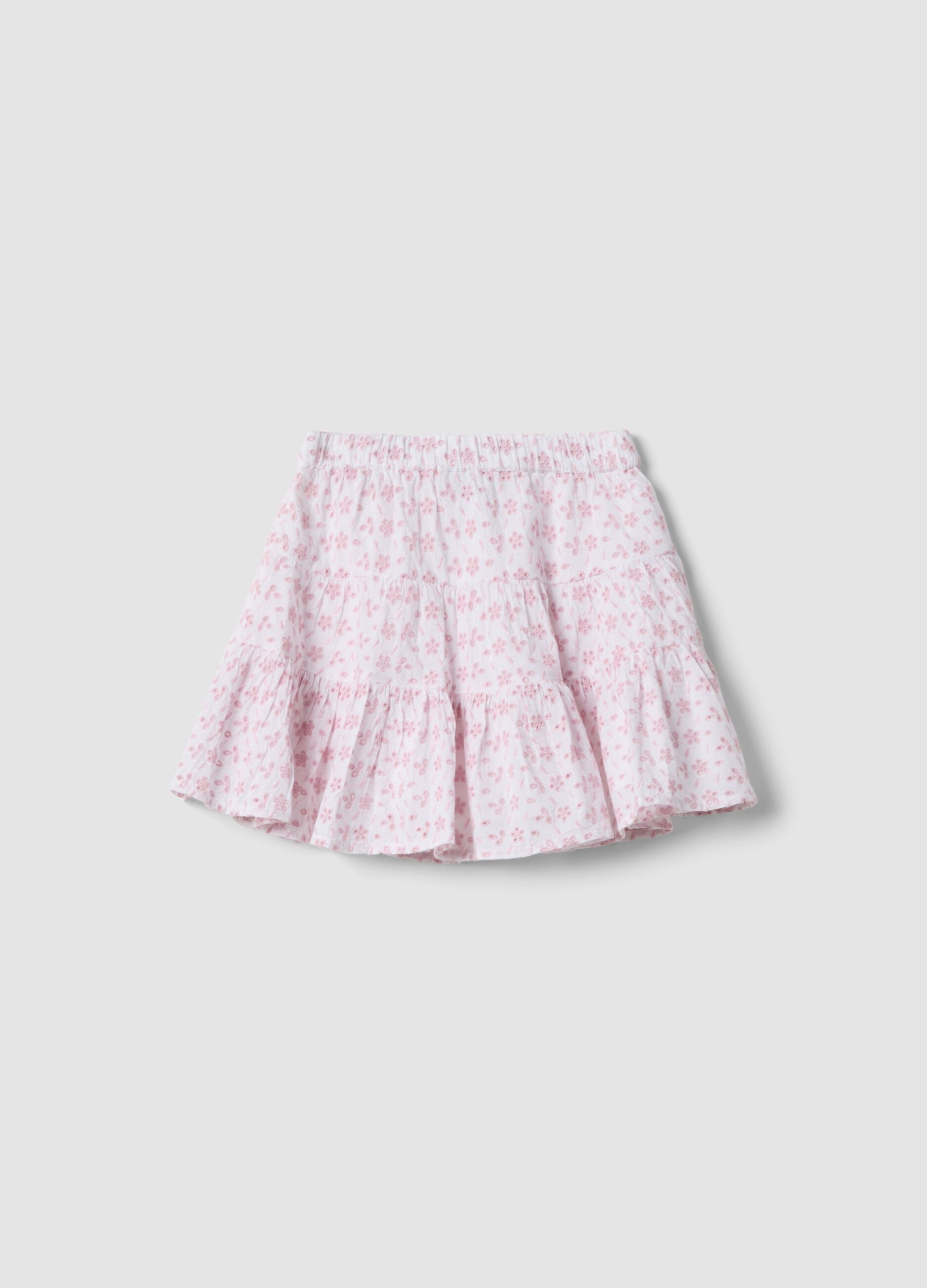 Pink mini skirt in pure cotton with Broderie Anglaise embroidery