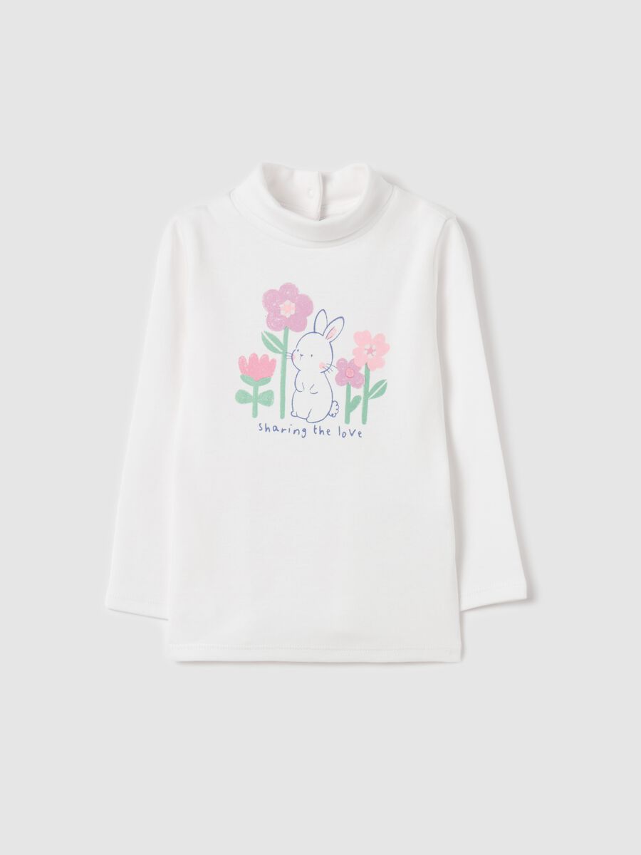 Cotton T-shirt with high neck and print_0