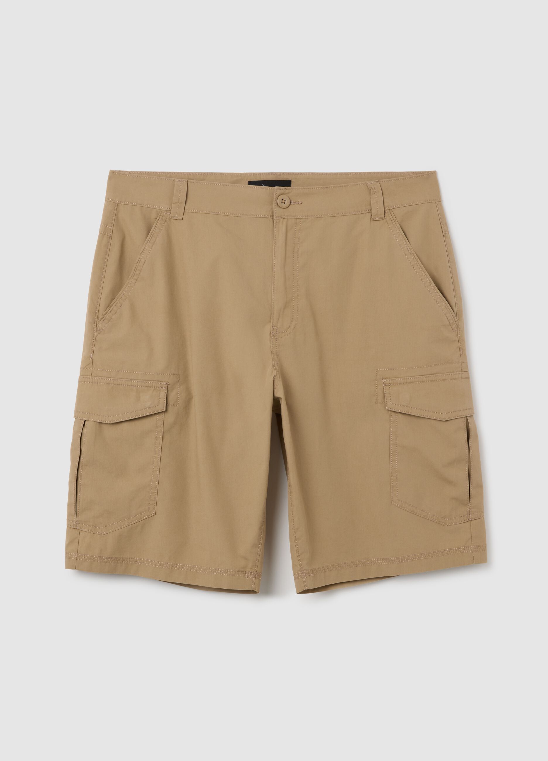 Men's beige pure cotton cargo shorts, regular fit with pockets