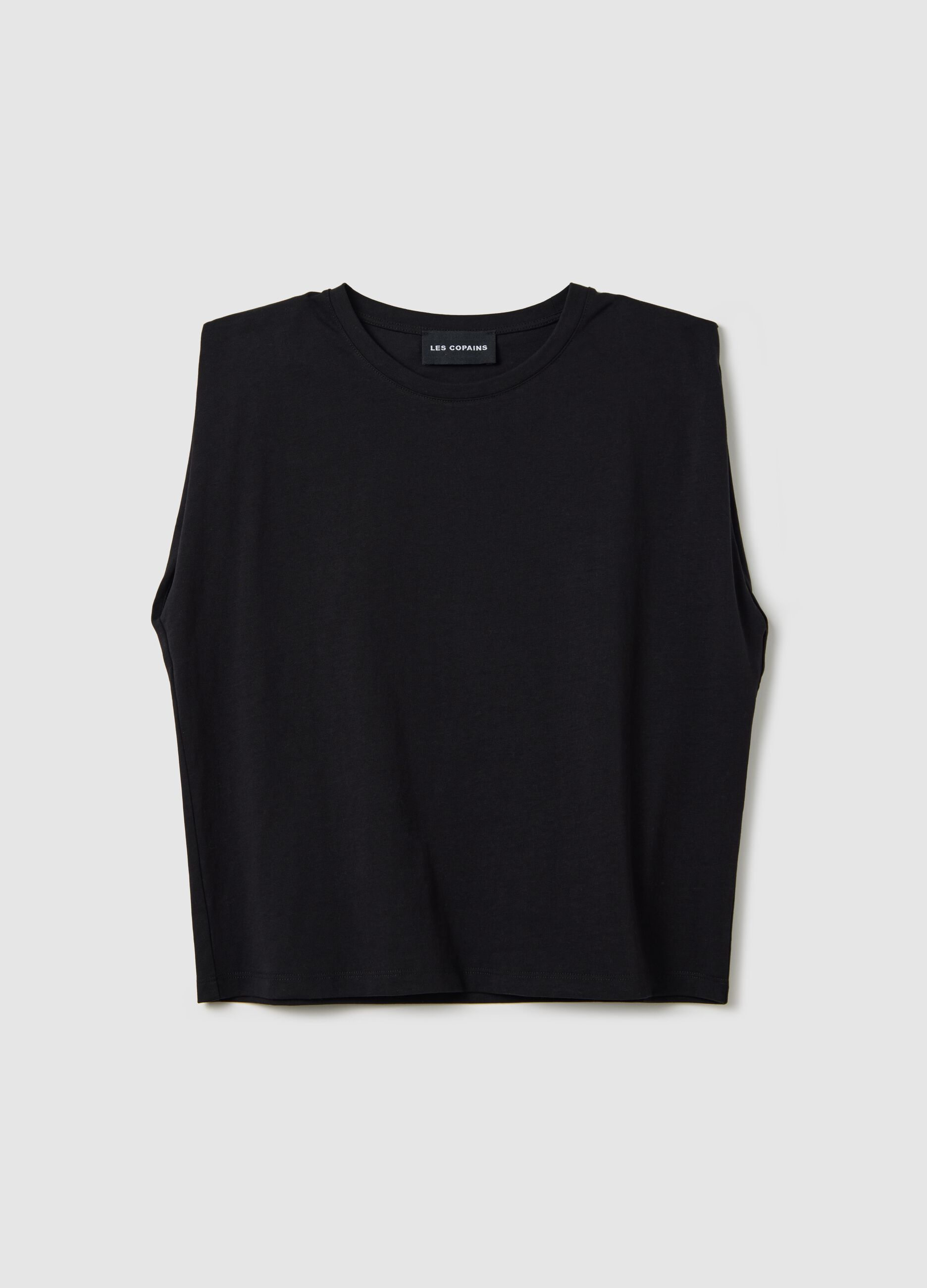Black sleeveless boxy-fit T-shirt with spaghetti straps