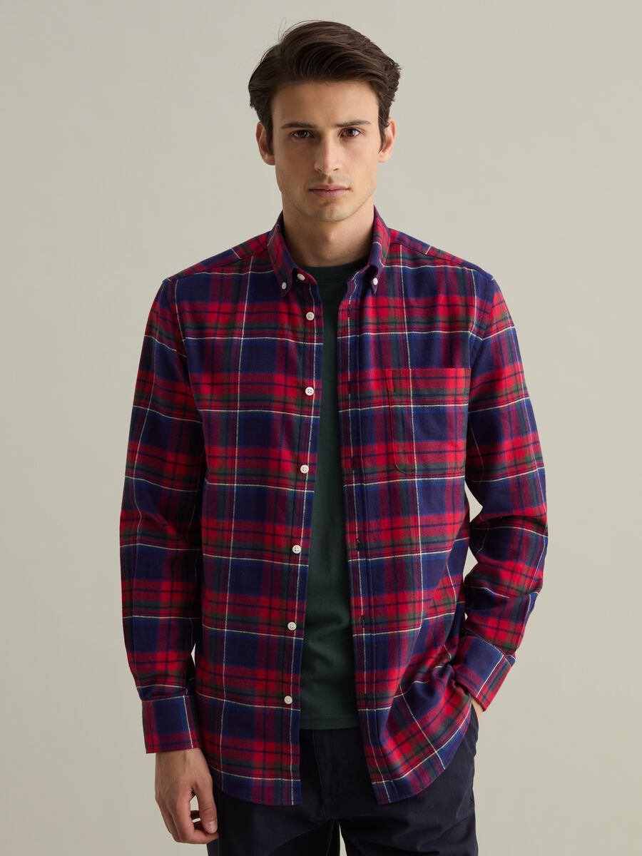 Flannel shirt with check pattern and button-down collar_0