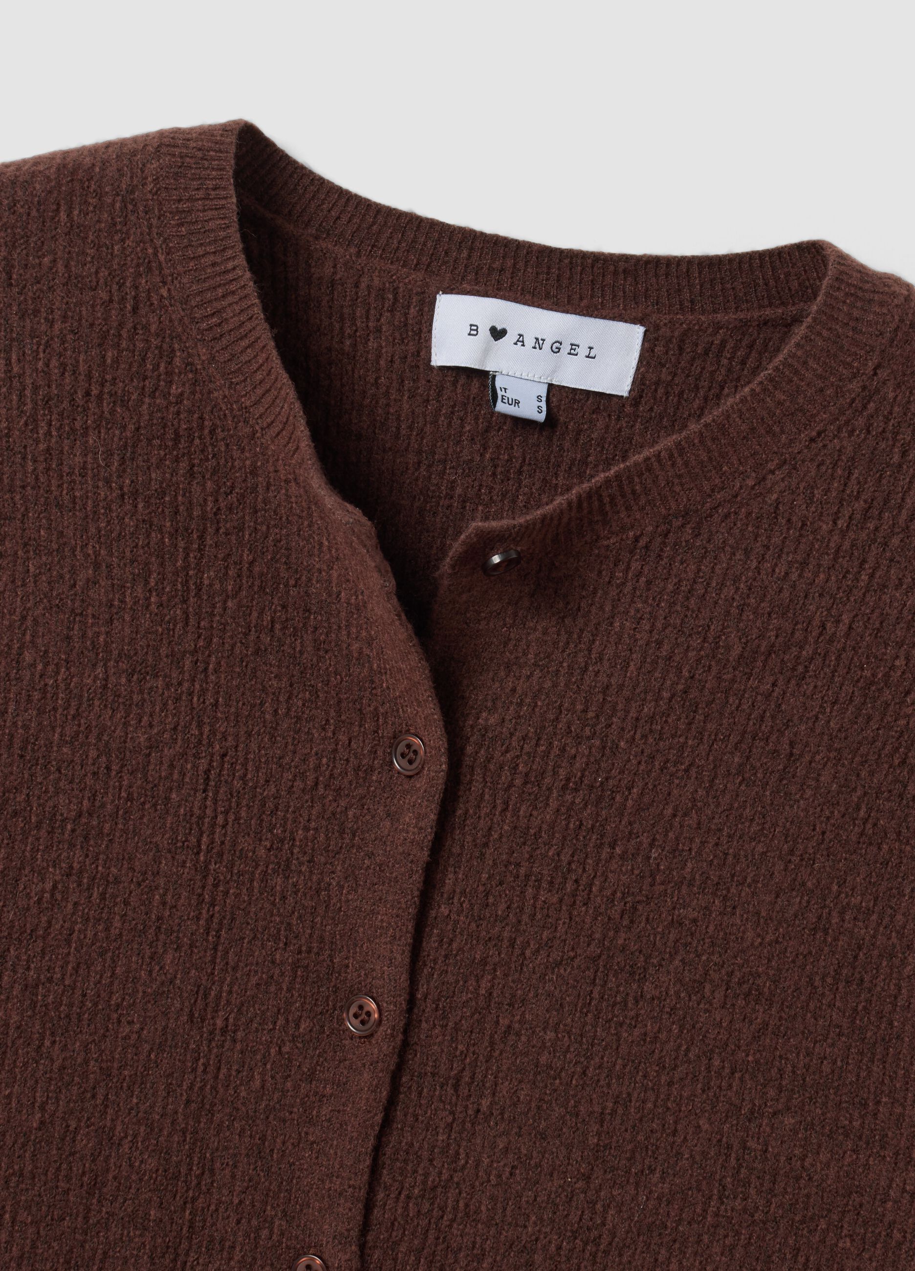 Cardigan marrone girocollo in misto lyocell e lana over fit