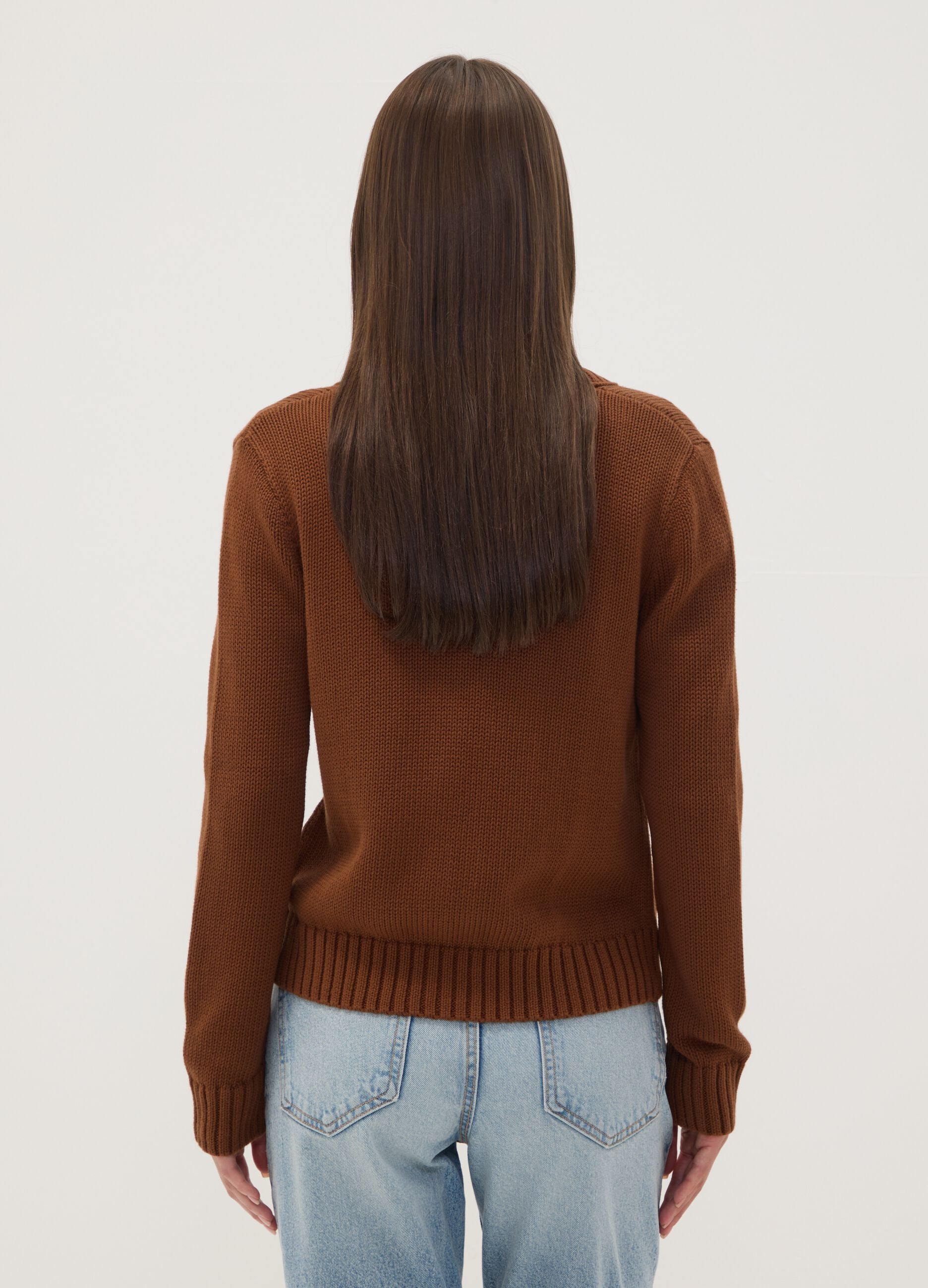 Brown pure cotton crew-neck cardigan with buttons, regular fit