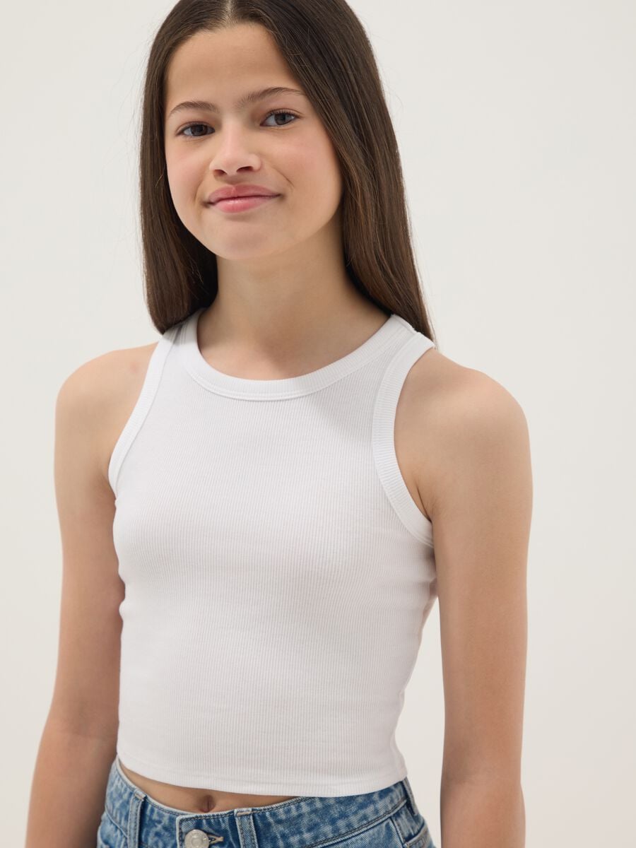 Canotta fitted bianca in cotone elasticizzato a coste da ragazza_2
