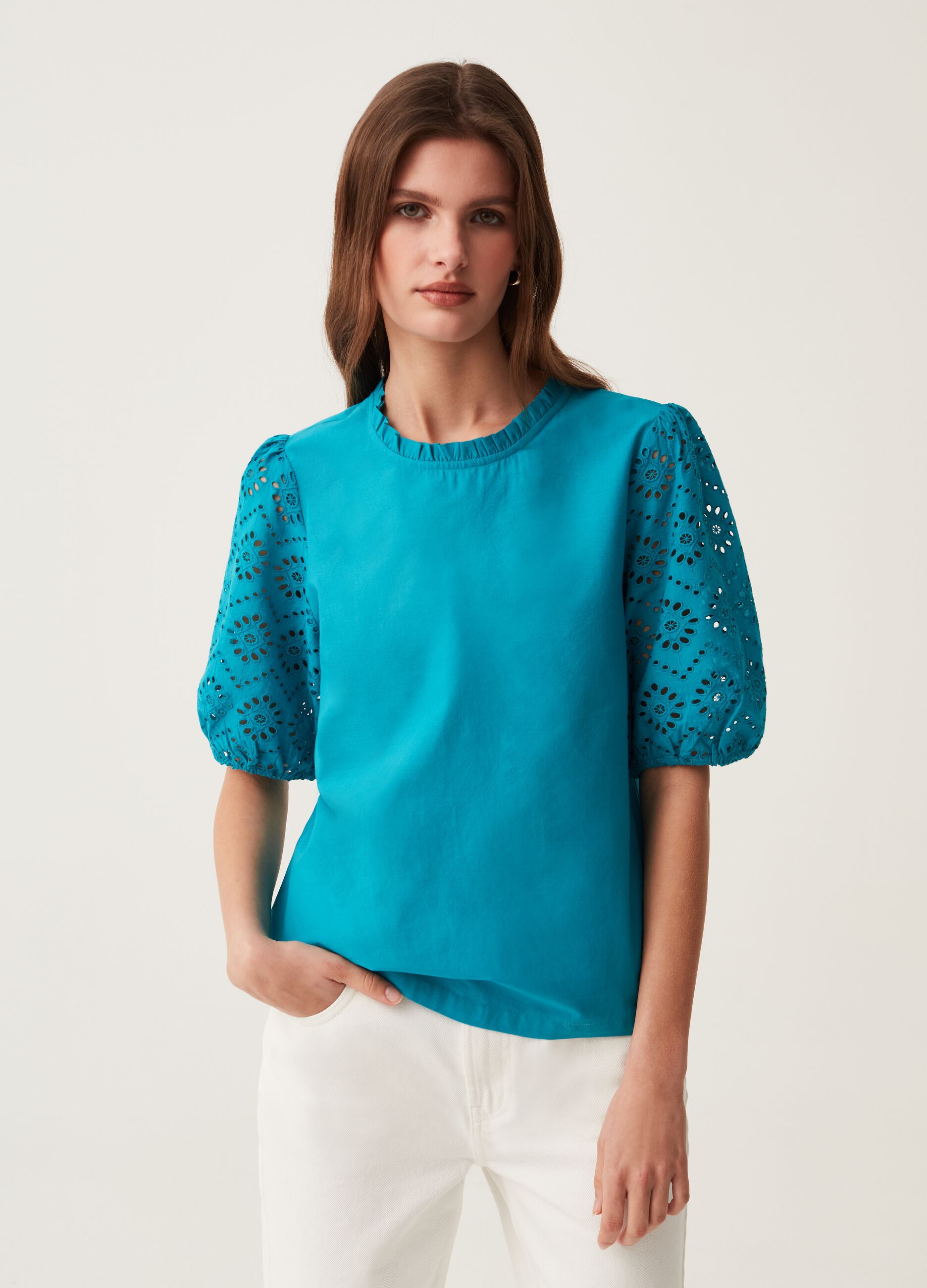 Blouse with broderie anglaise sleeves