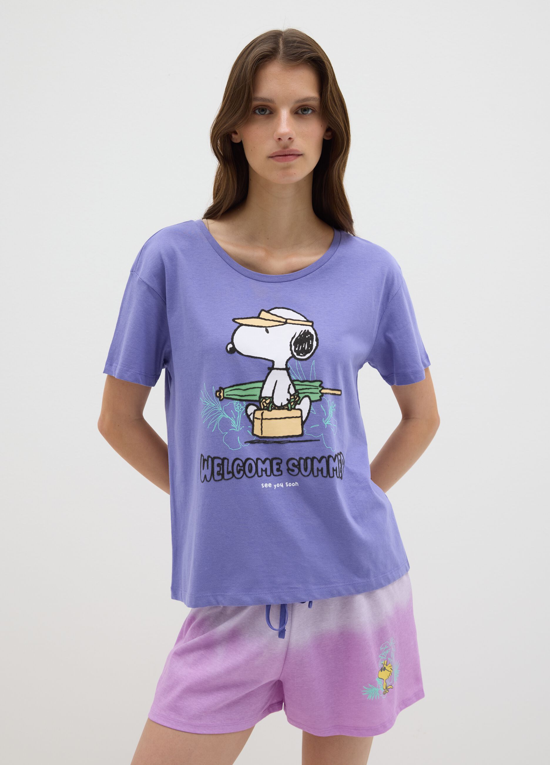 Women's pure cotton purple pyjama set regular fit with Snoopy print