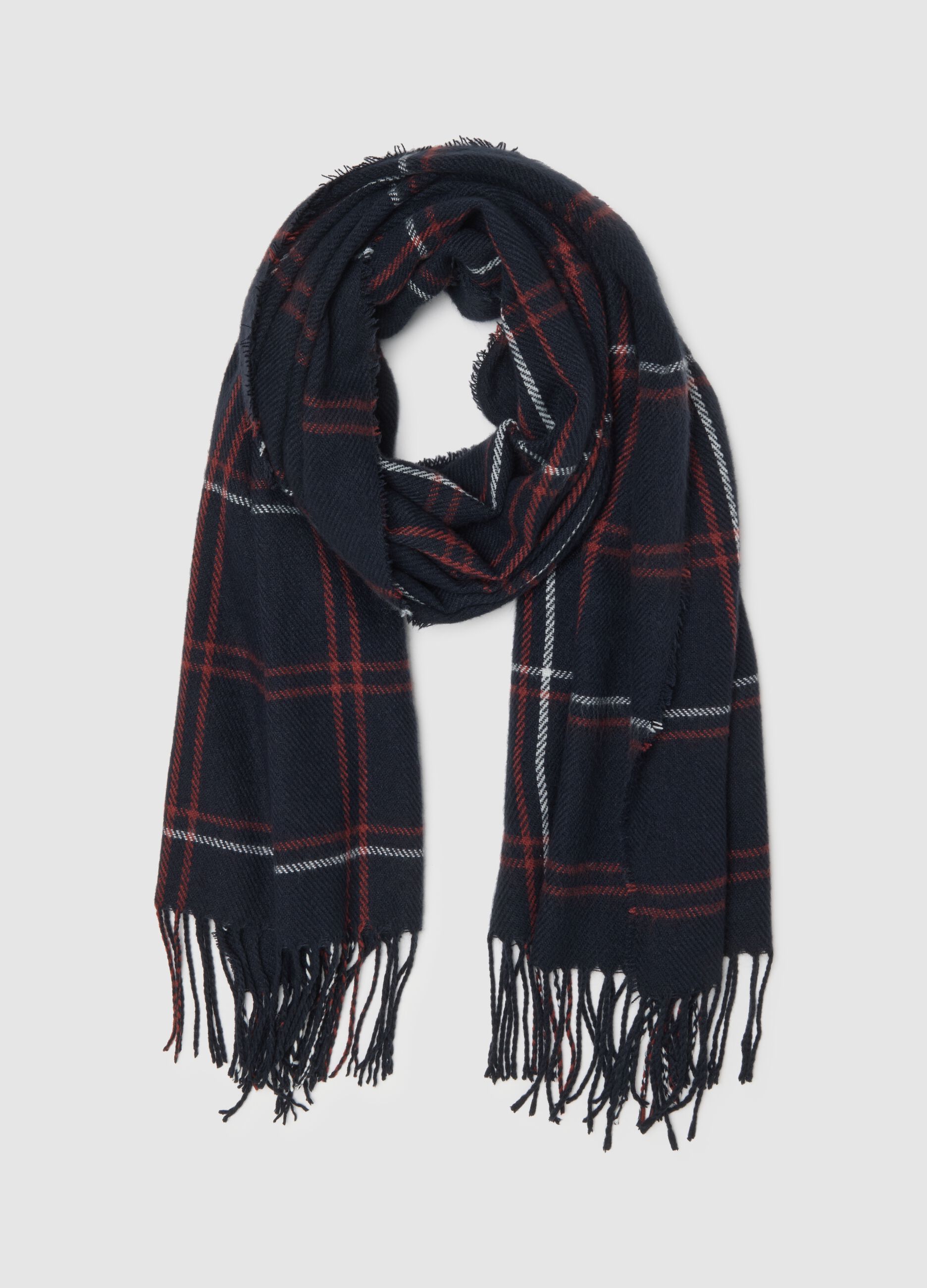 Heavy Black Checked Scarf with Fringe