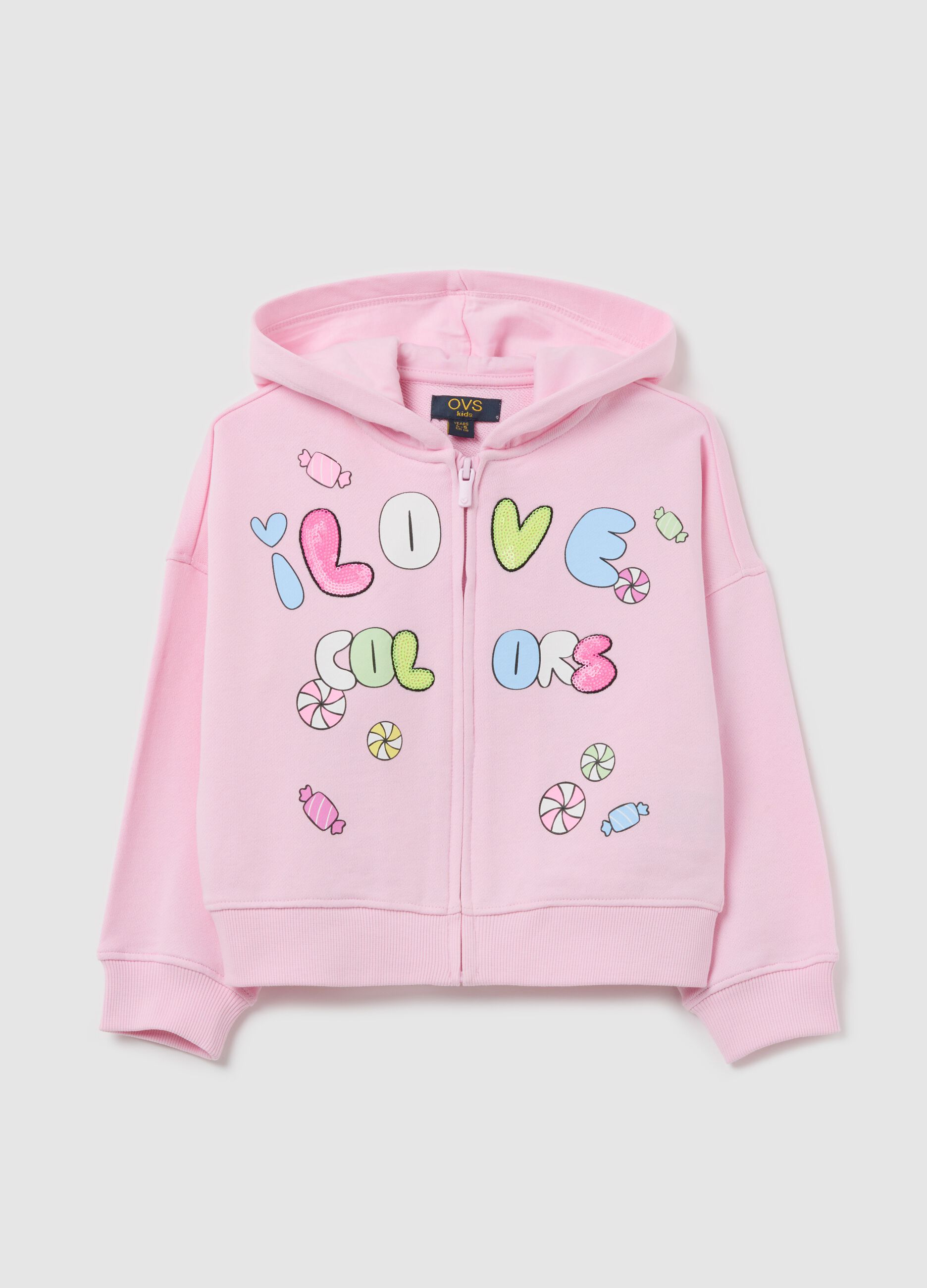 Pink full-zip sweatshirt with hood, print and sequins