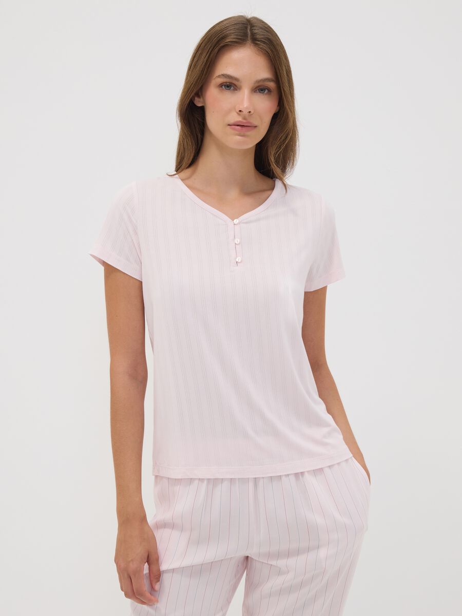 Pink stretch viscose pyjama T-shirt with V-neck_2
