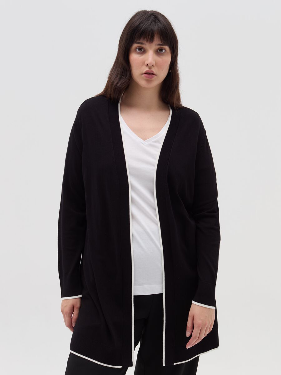 Curvy long cardigan with striped edging_0